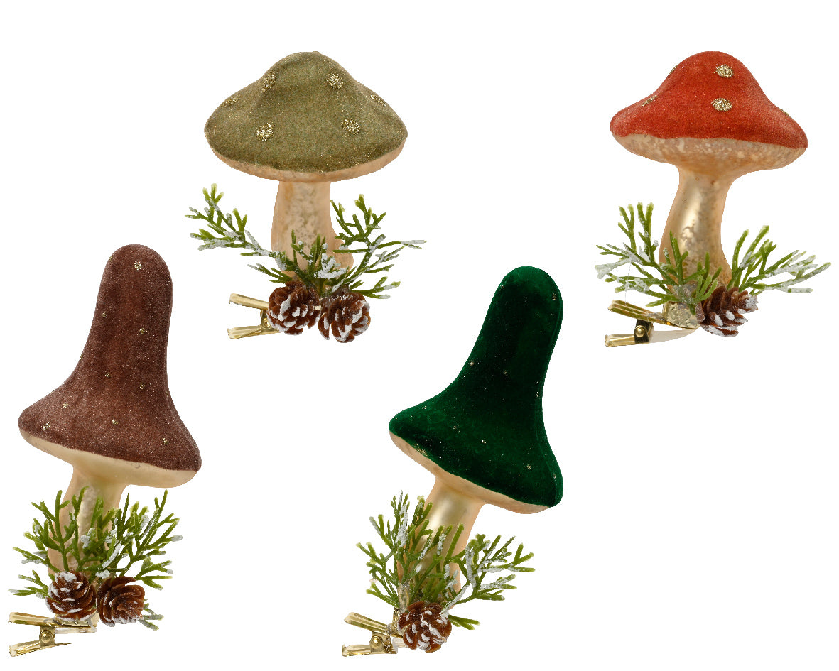 Glazen paddenstoelen set van 4, met dennentakjes en gouden steel