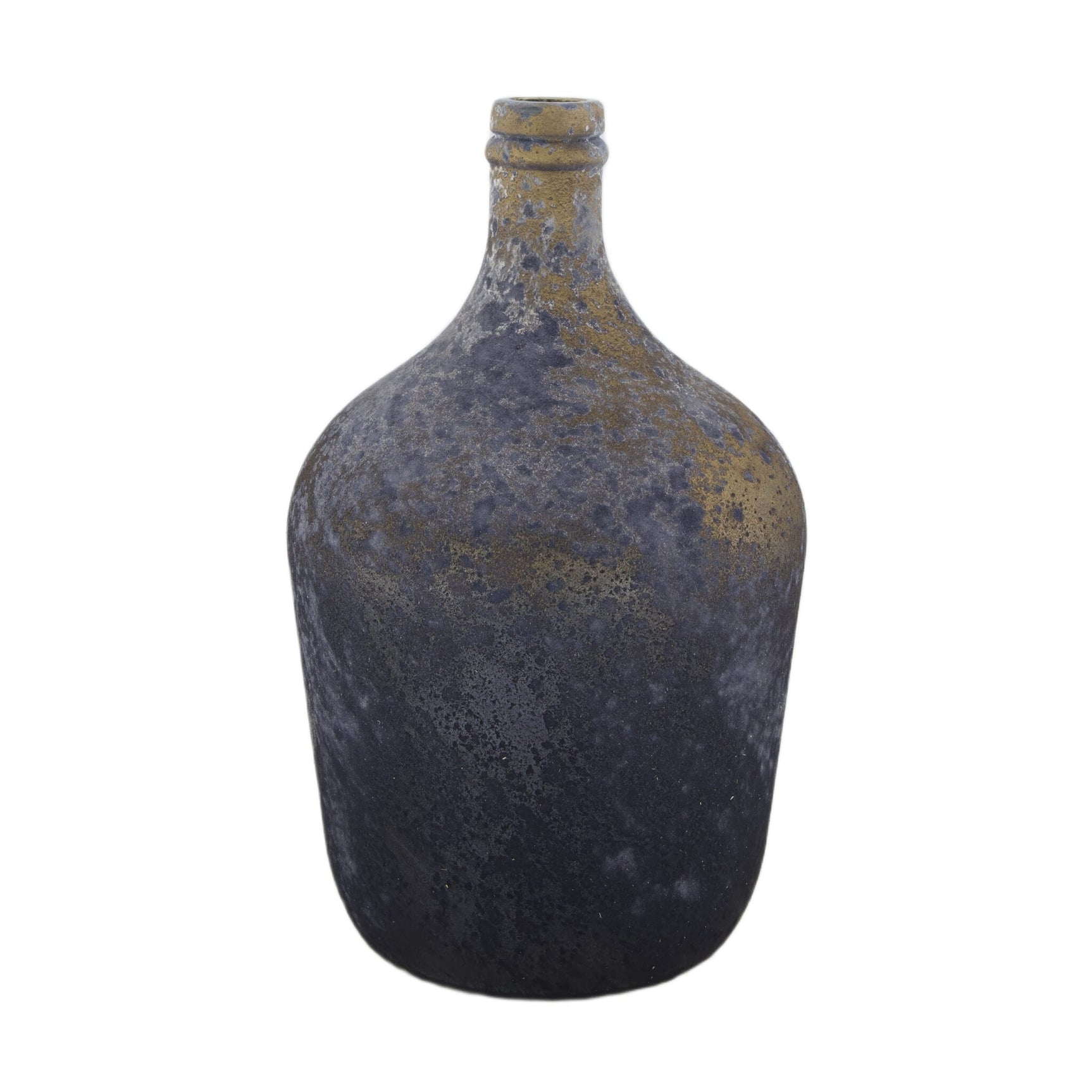 Donkere speckled glazen fles met smalle hals en kurk, gerecycled glas.