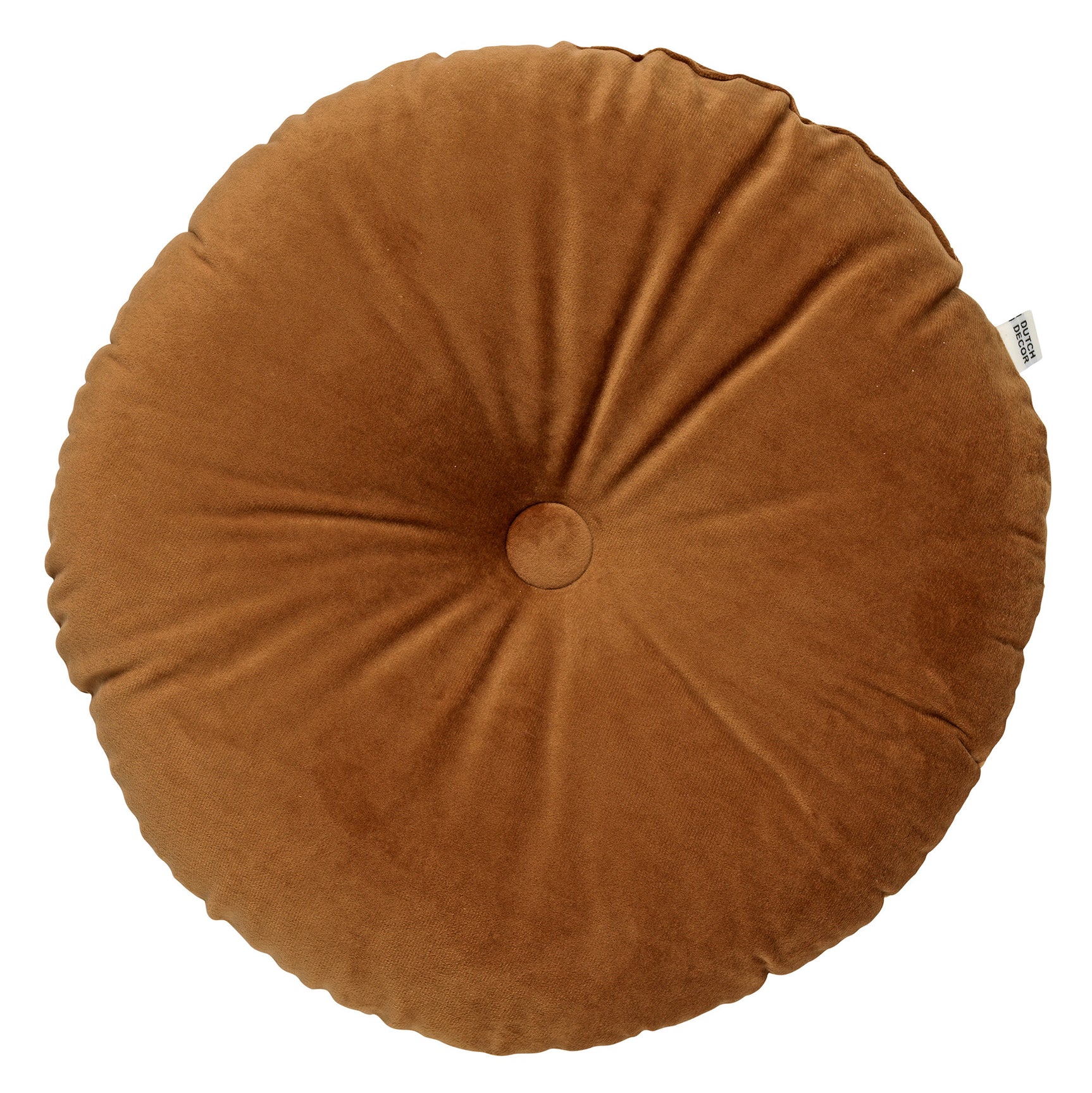 Rond fluwelen sierkussen met knoopdetail, tobacco bruin