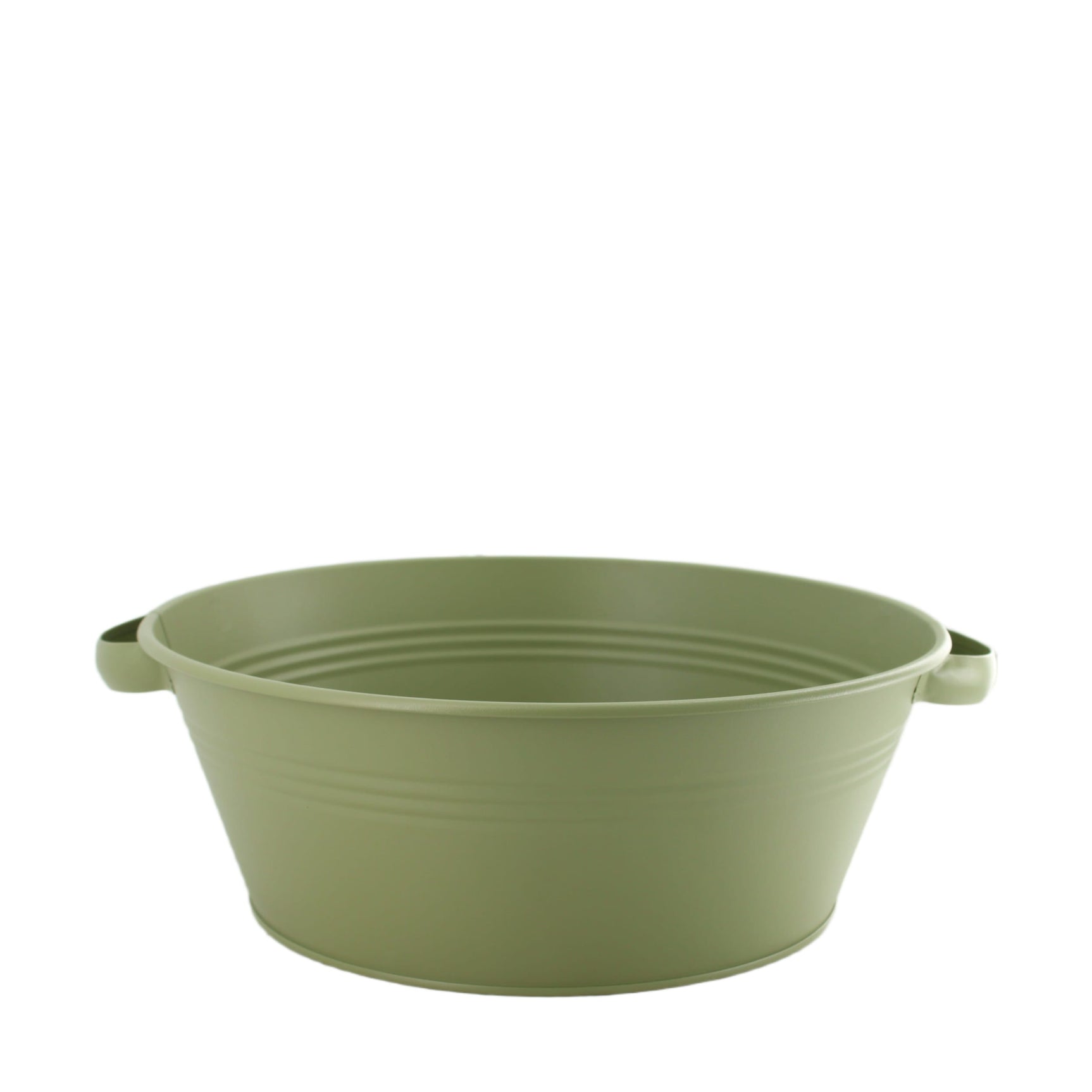 Groene metalen schaal met twee handvatten