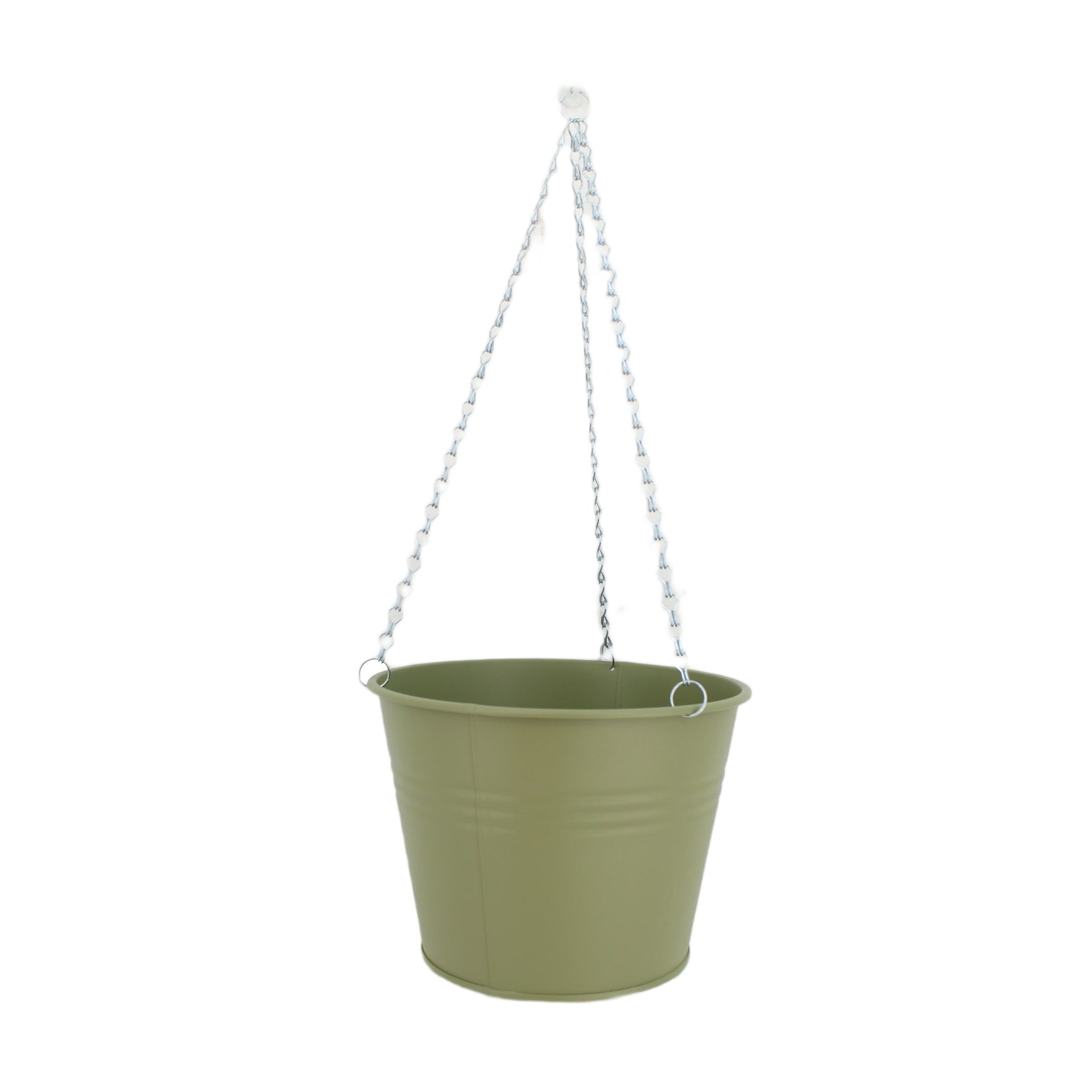 Hangende metalen bloempot met ketting, olijfgroene emmerachtige pot