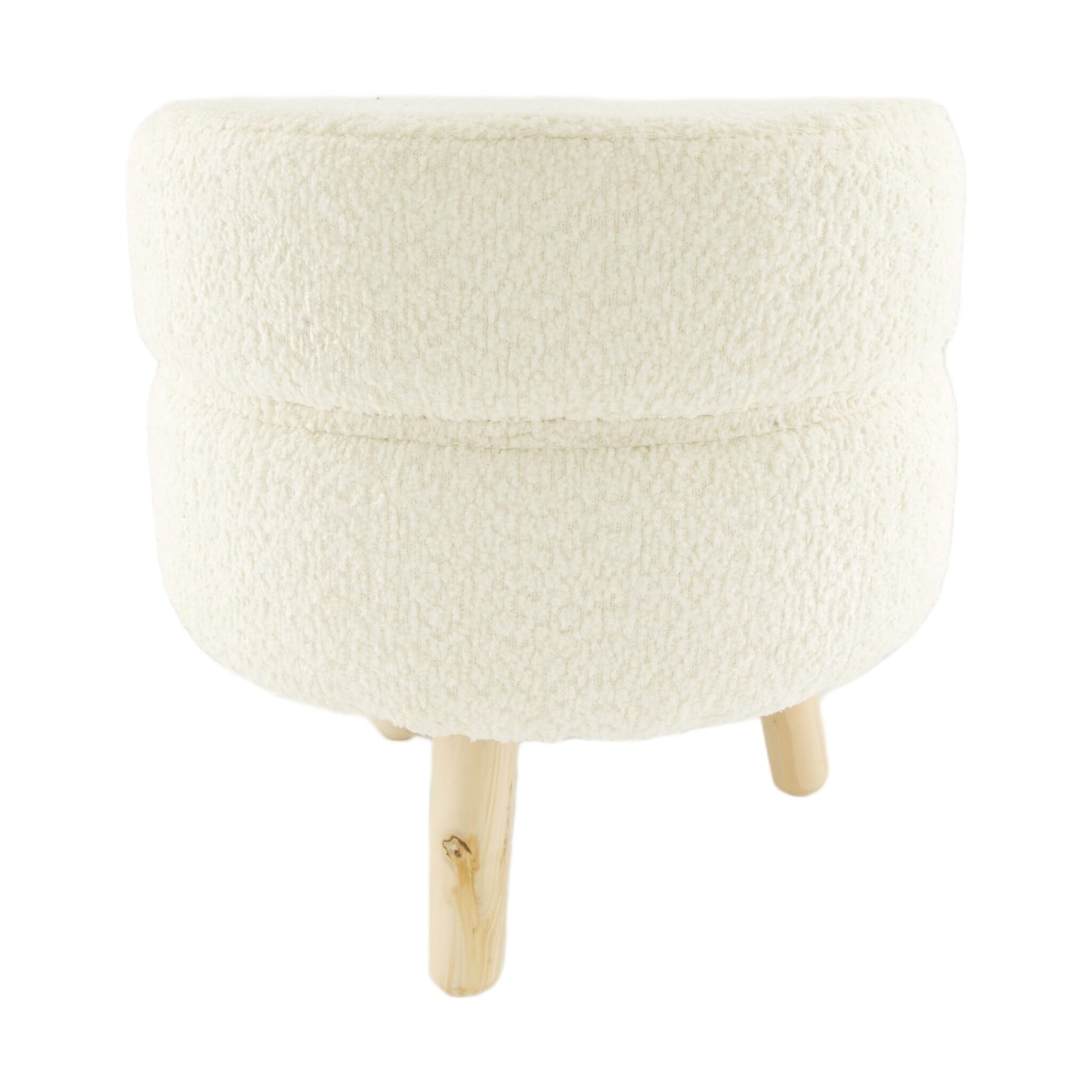 Wit pluche krukje met ronde zitting en 4 houten pootjes, 38x38x38 cm.