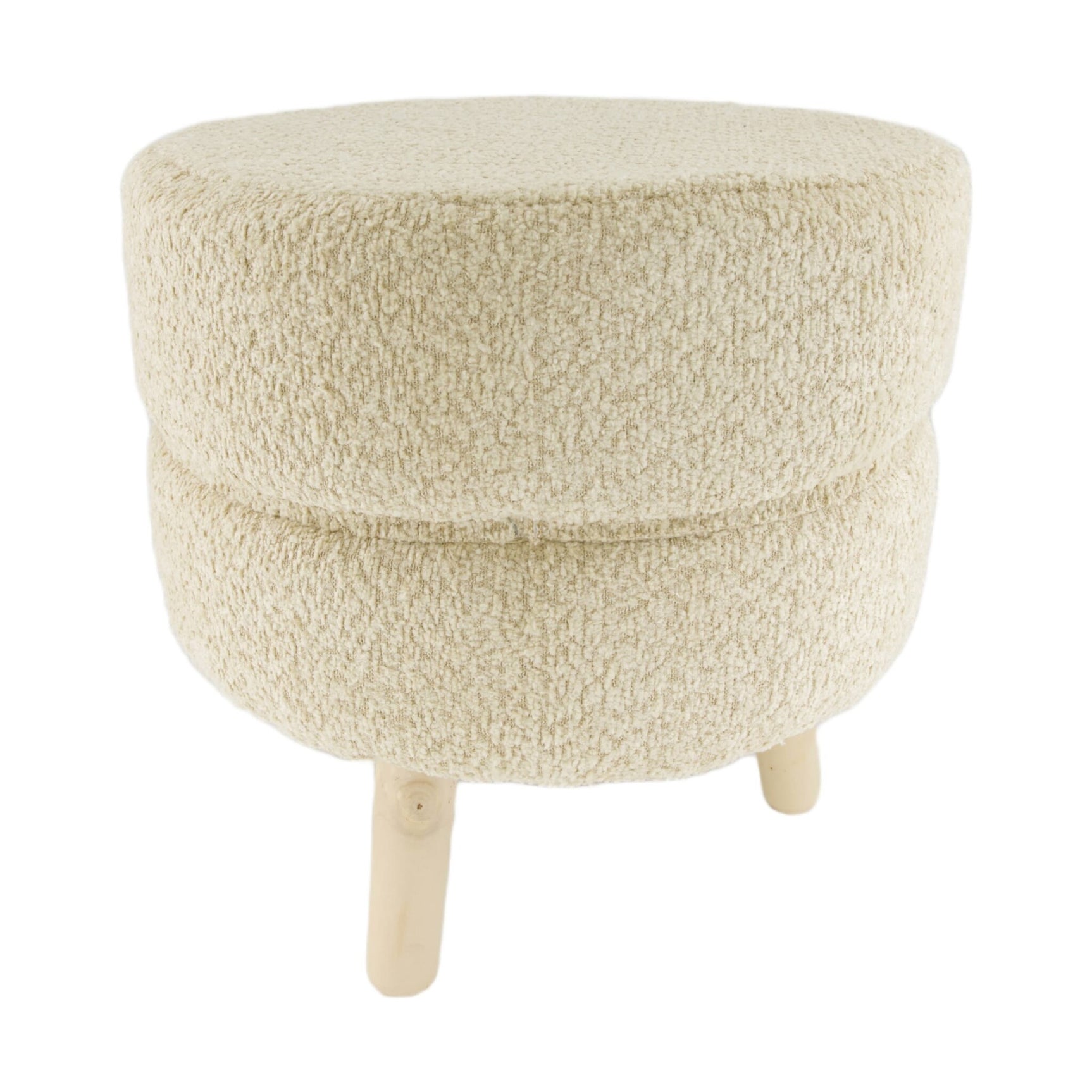 Krukje 38x38x38 cm met rond, beige bouclé zitvlak en drie houten pootjes