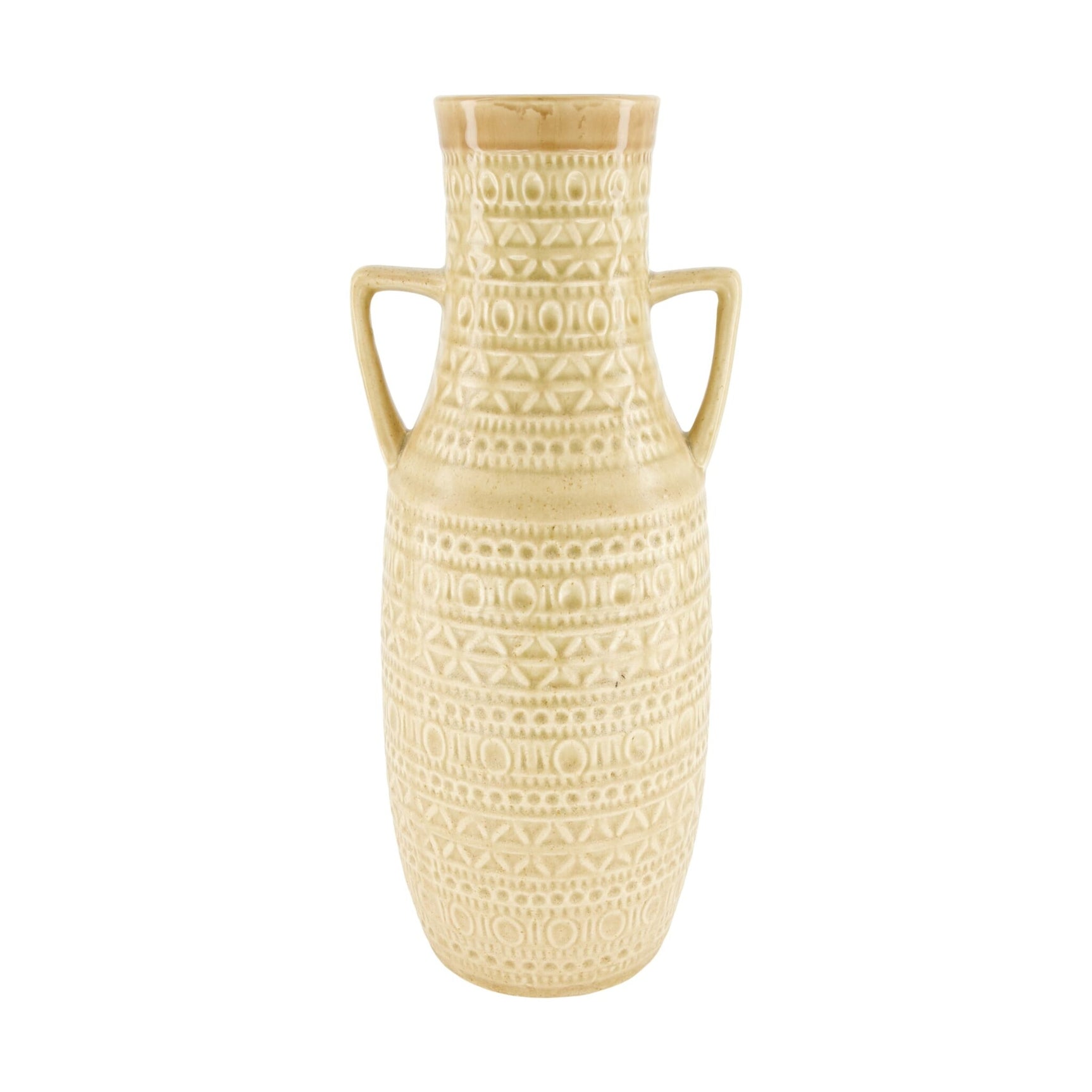 Keramische vaas met reliëfpatroon en twee handvatten, beige, smalle hals.