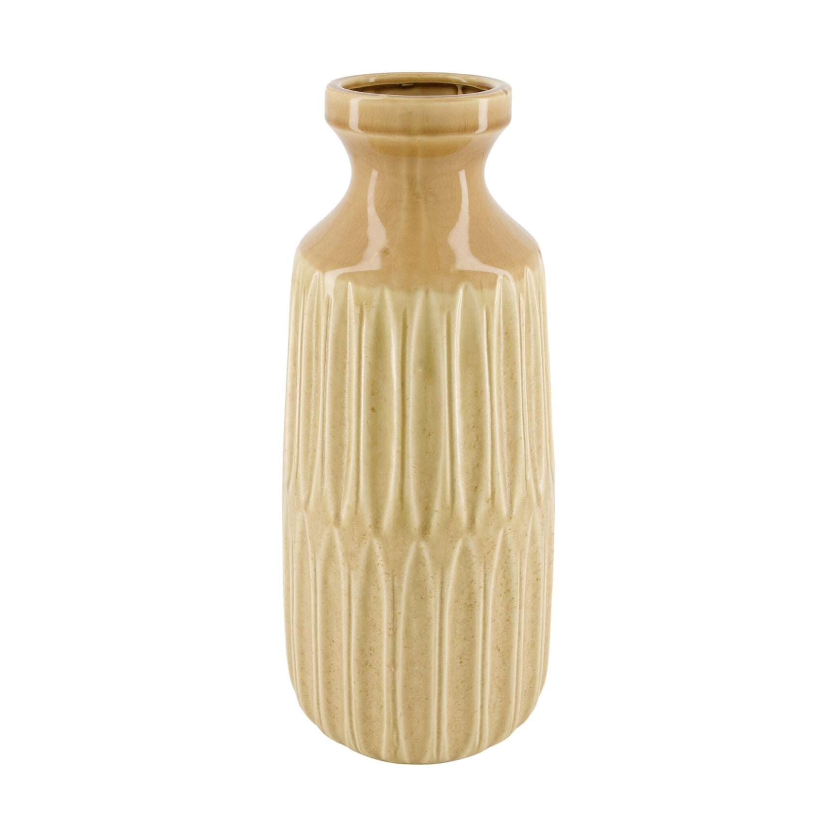 Keramieken vaas in beige met verticale ribbels en smalle hals