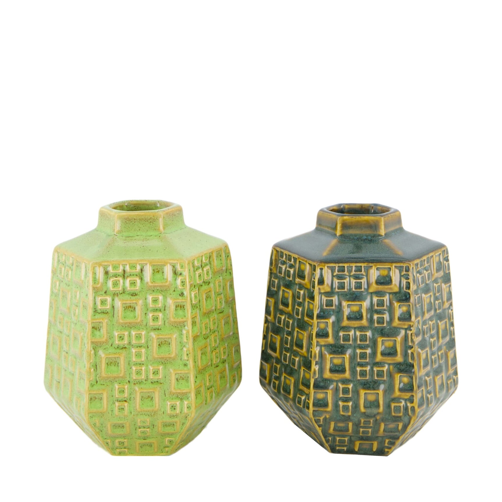 Keramieken vaas, groene en blauwe geglazuurde uitvoering met blokmotief, 13x12x15,5 cm
