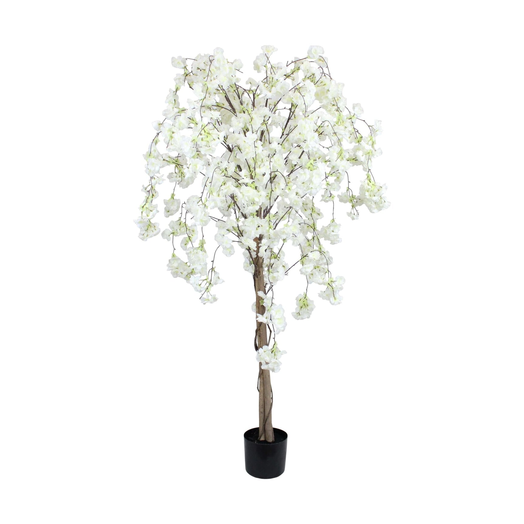Kunstmatige bloesemboom met witte bloemen en bruine stam in zwarte pot