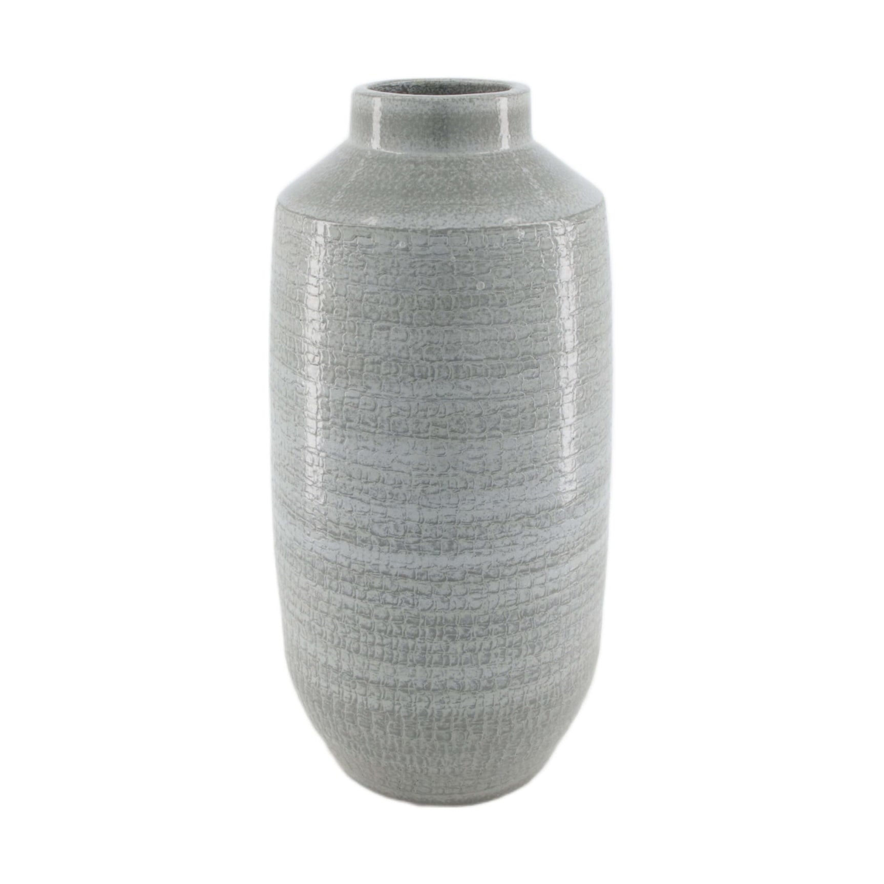Grijze terracotta flesvaas met smalle hals, cilindrische vorm, 19x19x40 cm