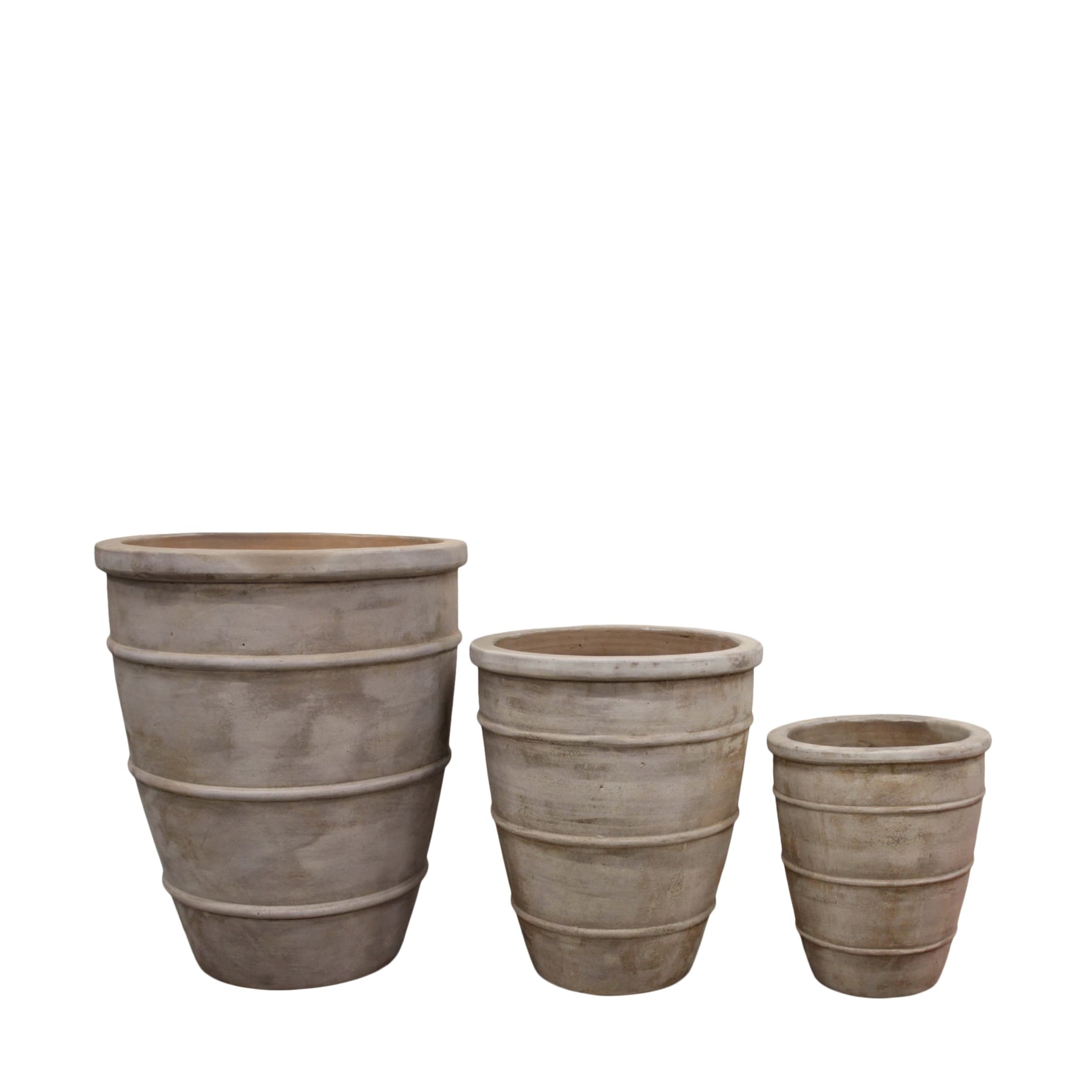 Terracotta plantenbakken set van drie, geribbelde kuipvorm