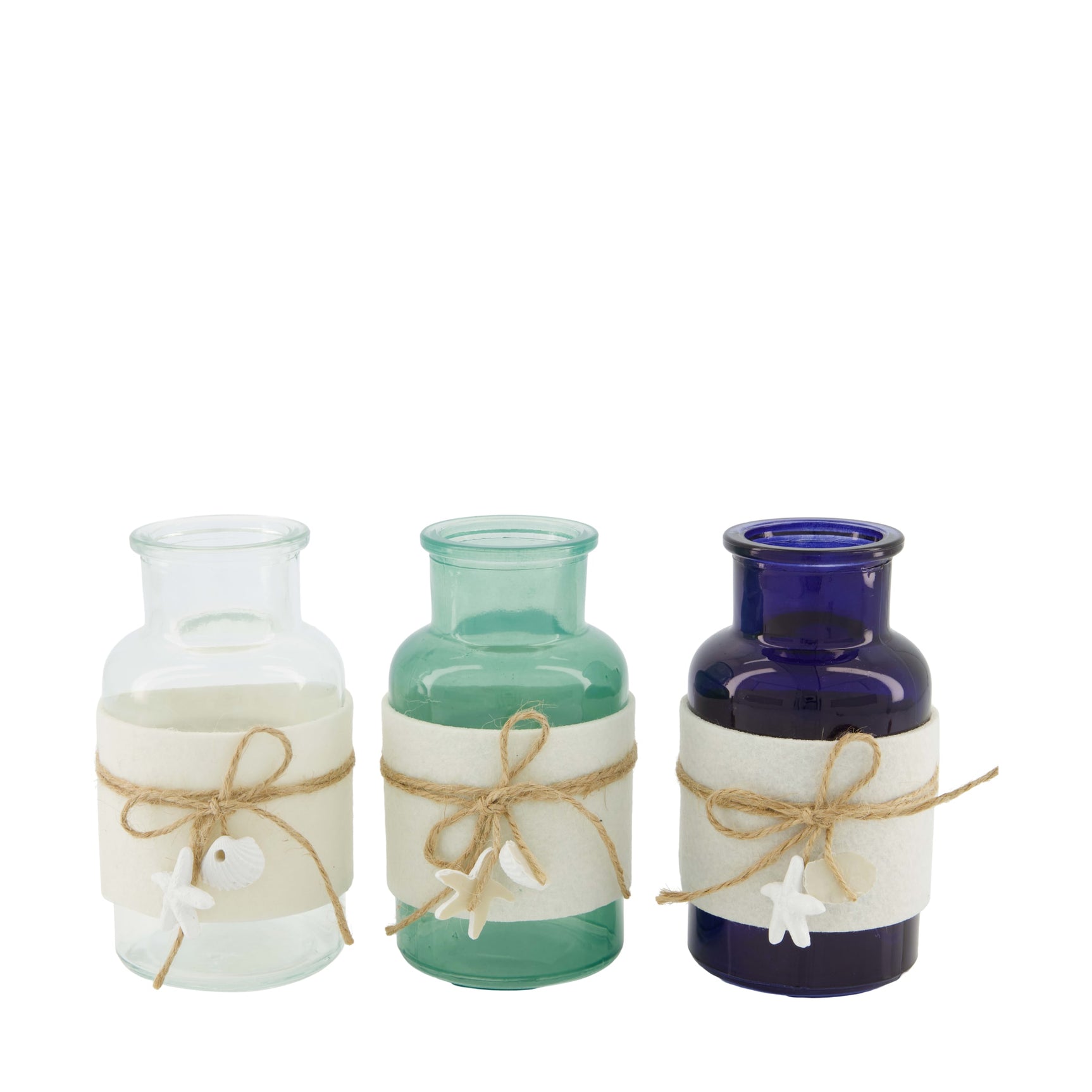 Set glazen flessen met touw en decoratie, transparant, groen en donkerblauw.