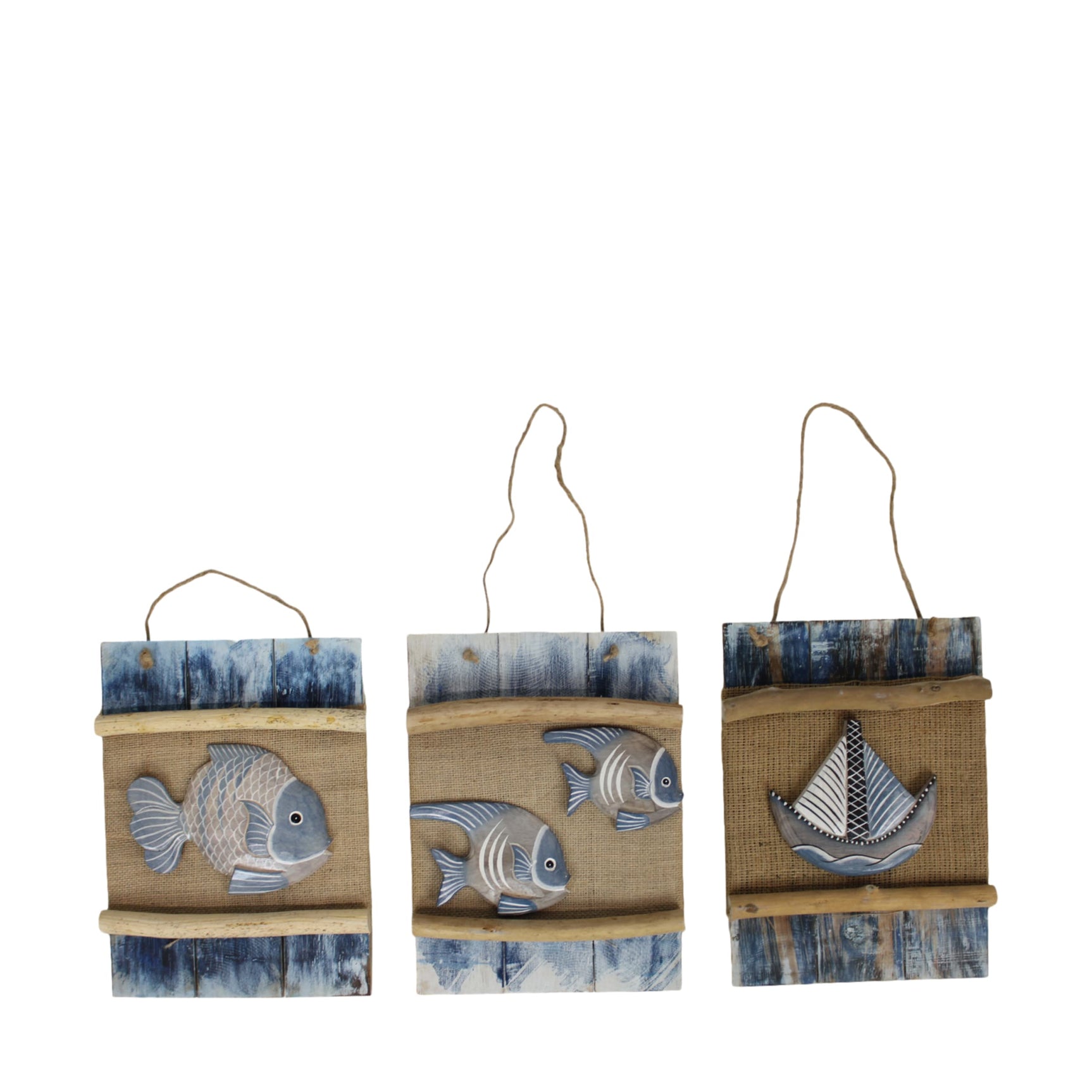 Nautisch houten wandbord met vissen, blauwe rand en ophanglus