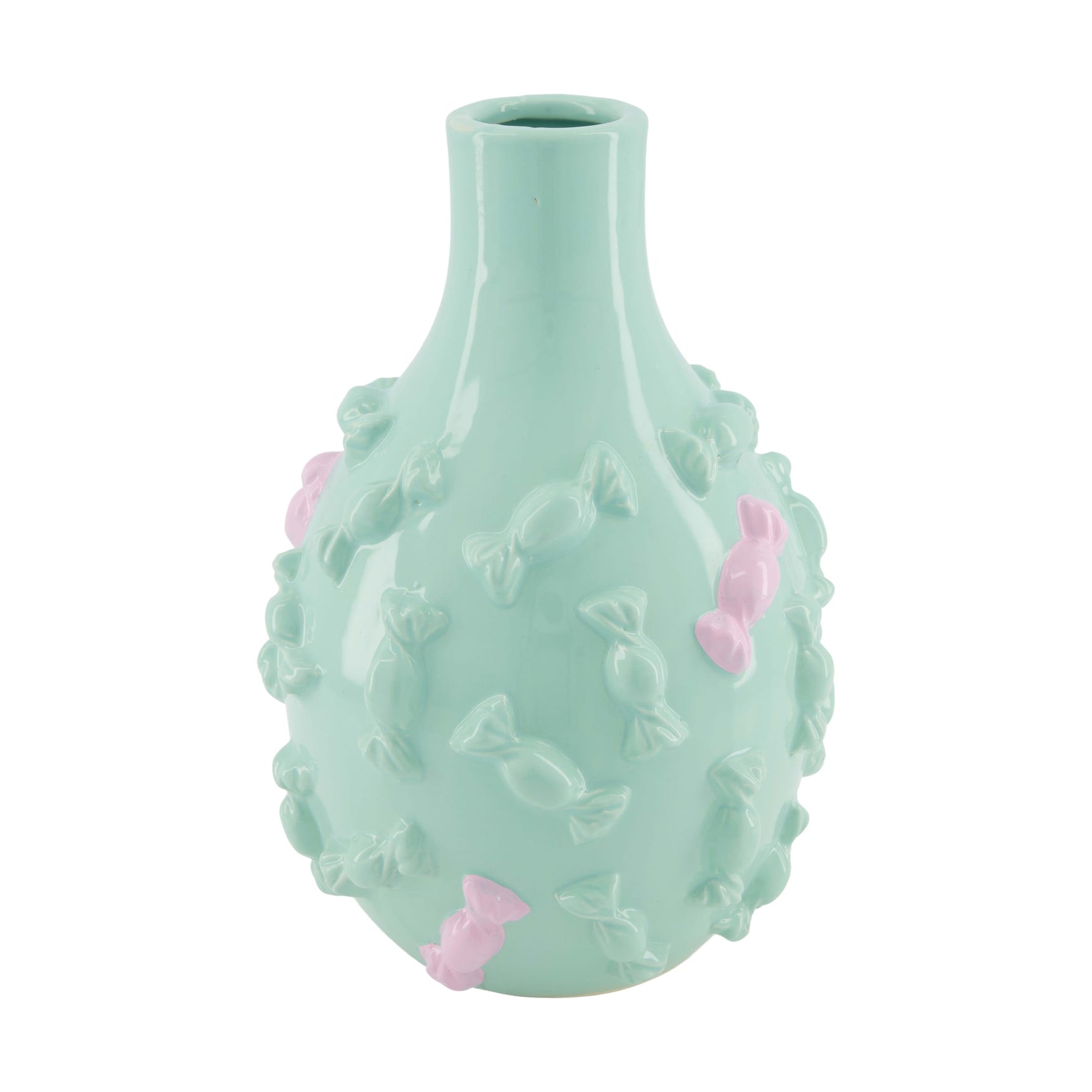 Keramische vaas mintgroen met 3D noppen en roze decoratie