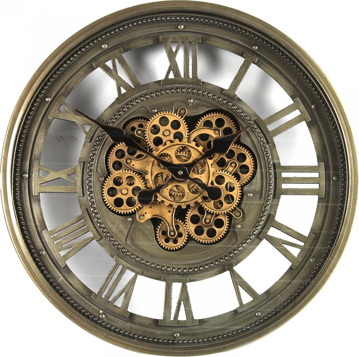 Ronde mechanische wandklok met bronskleurige behuizing en zichtbare tandwielen, Ø60 cm