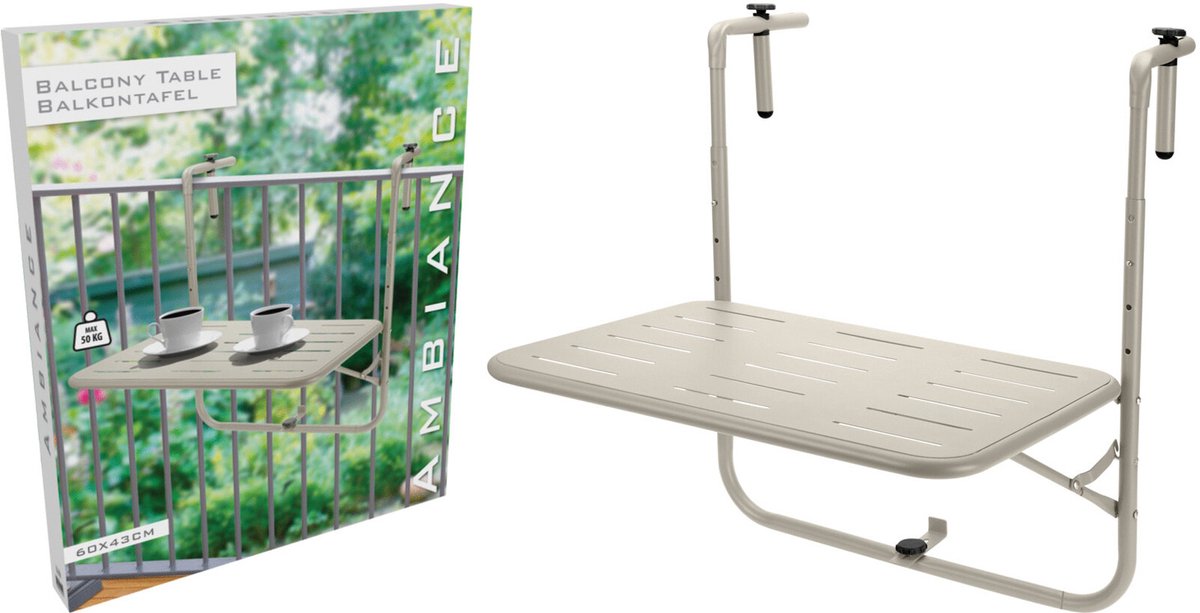 Beige balkontafel met metalen onderstel en rechthoekig blad met sleuven