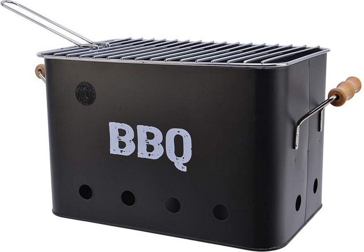 Draagbare zwarte BBQ-grill met houten zijhandvat en ventilatieopeningen