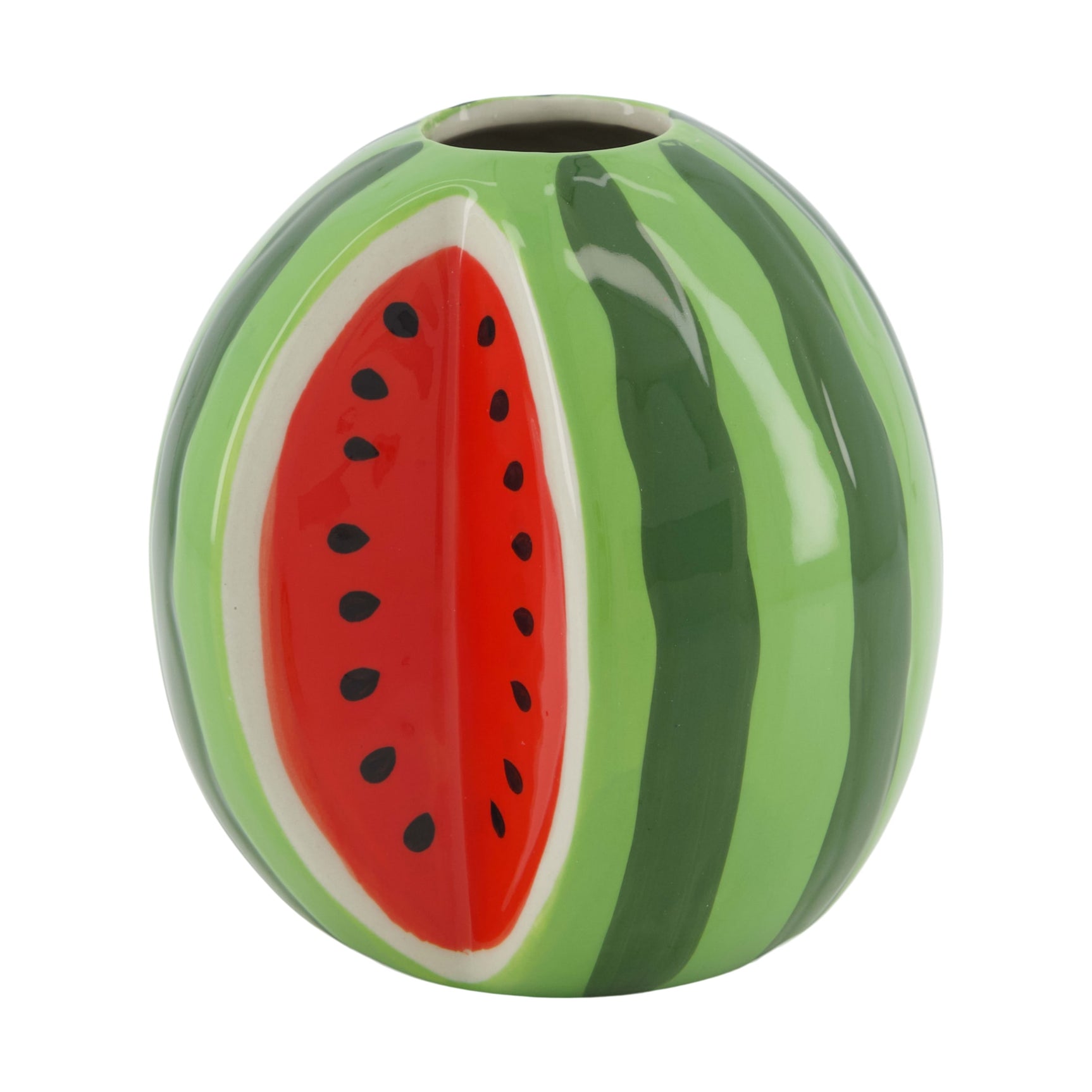 Keramische vaas met watermeloenmotief, ronde vorm, groen en rood