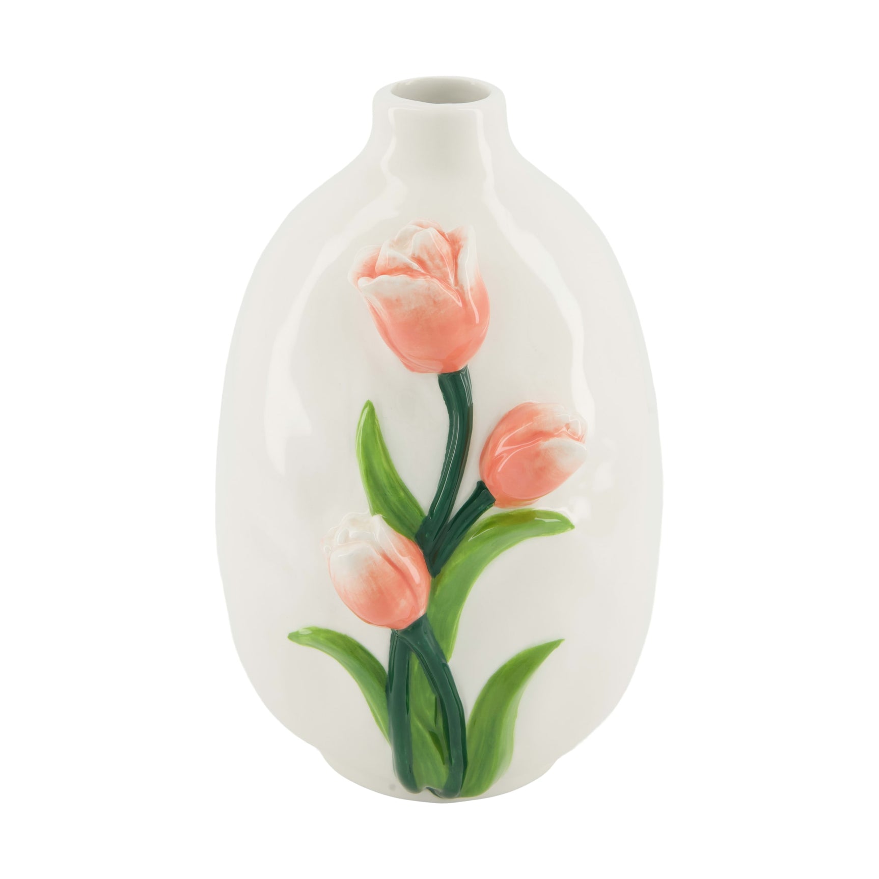Keramische vaas, witte pot met handgeschilderde roze tulpen en groene bladeren