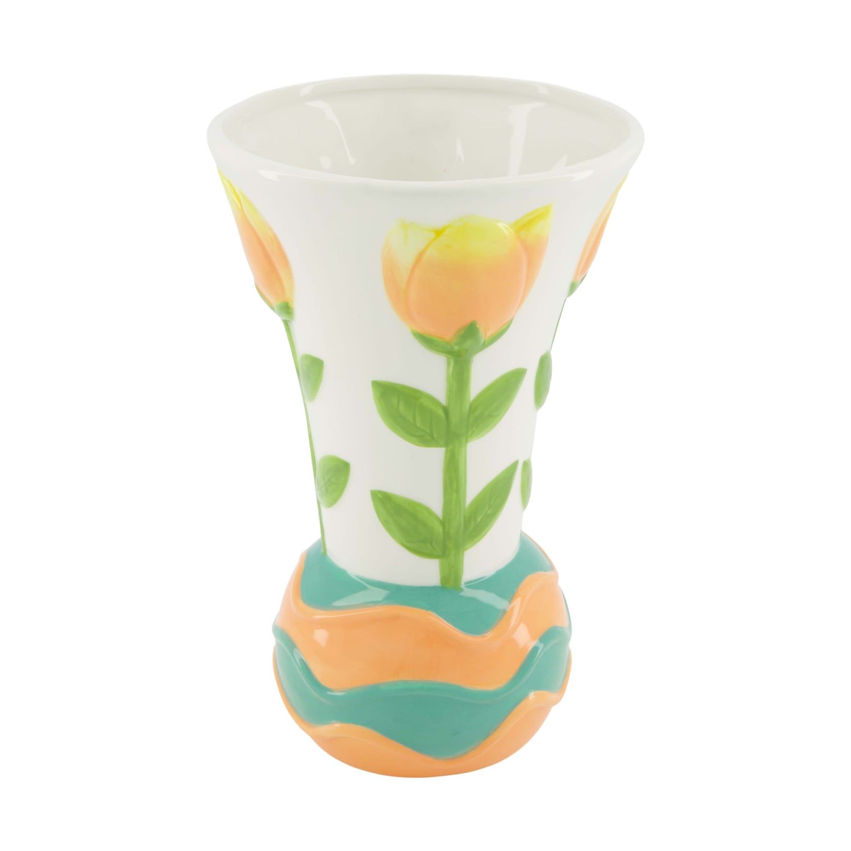 Keramische vaas met witte ondergrond en geverfde tulpenmotief in oranje en groen