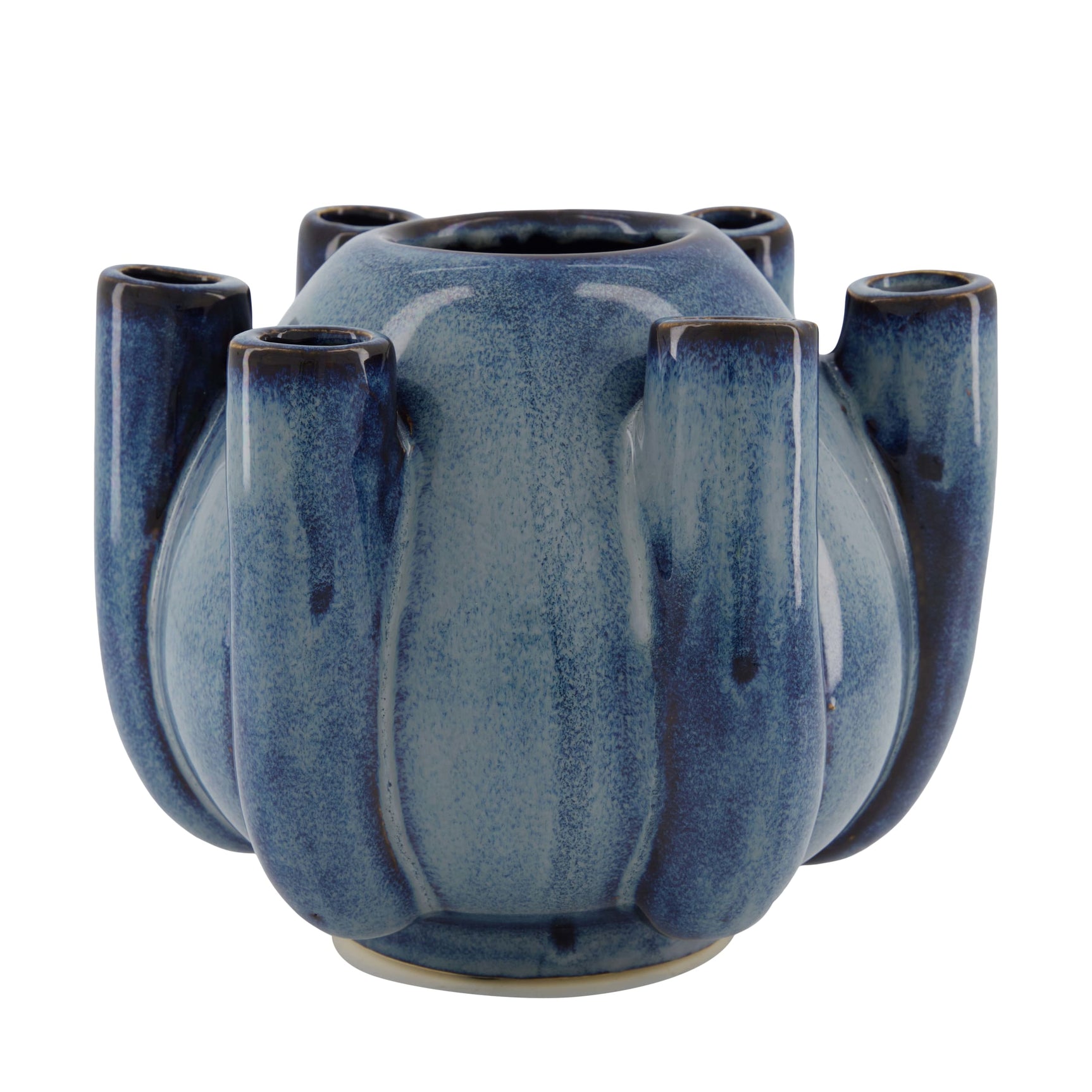 Keramische vaas met ronde buik en blauw glazuur, met drie ovale handvatten