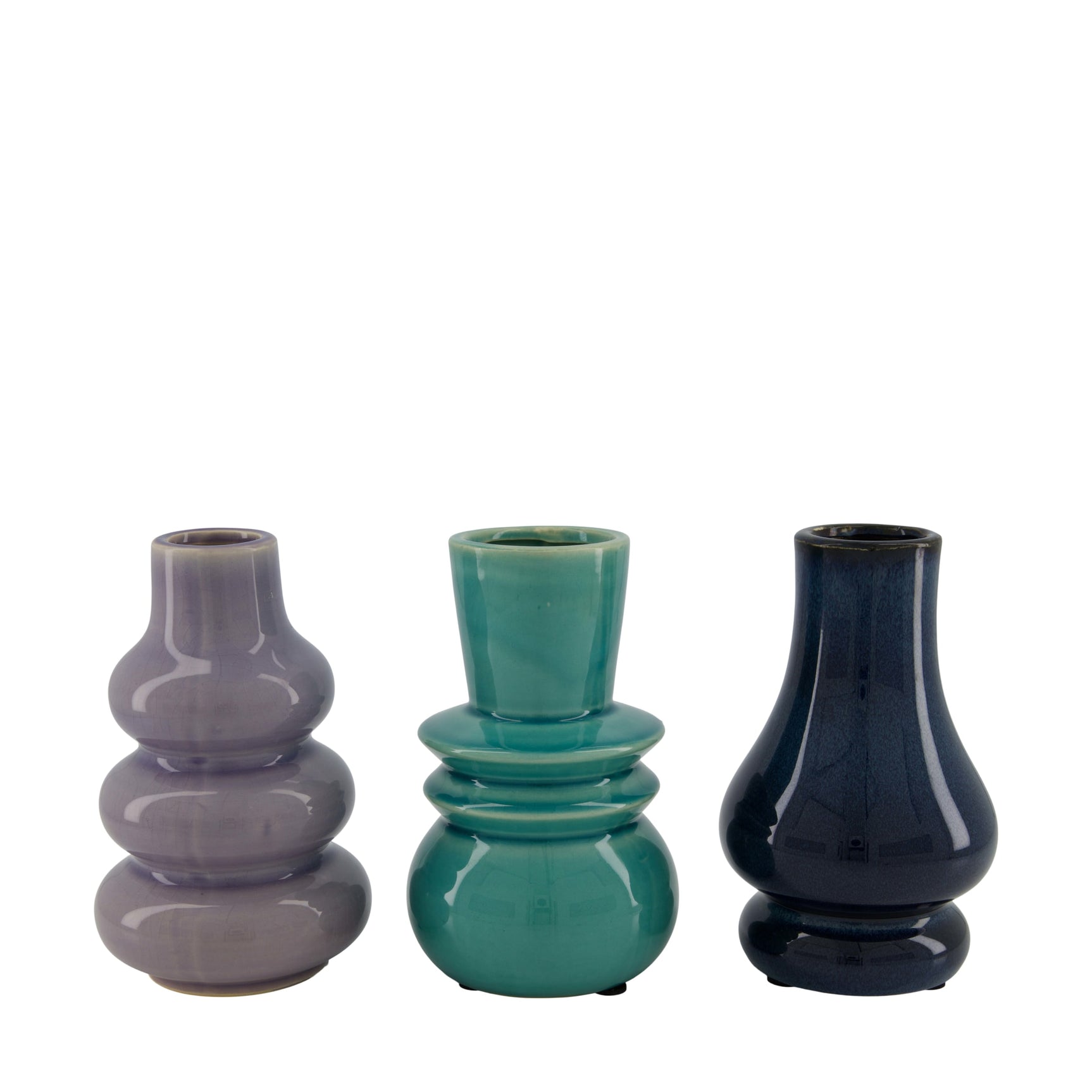 Set van 3 keramische vazen: grijs, groen en donkerblauw, bolvormig.