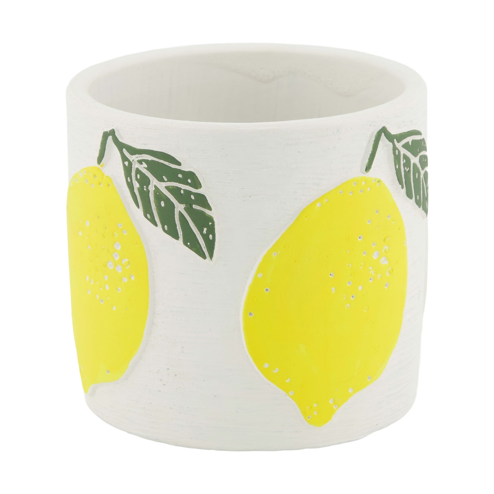 Keramische plantenbak met citroenmotief, witte pot met gele schijf en groene blaadjes.