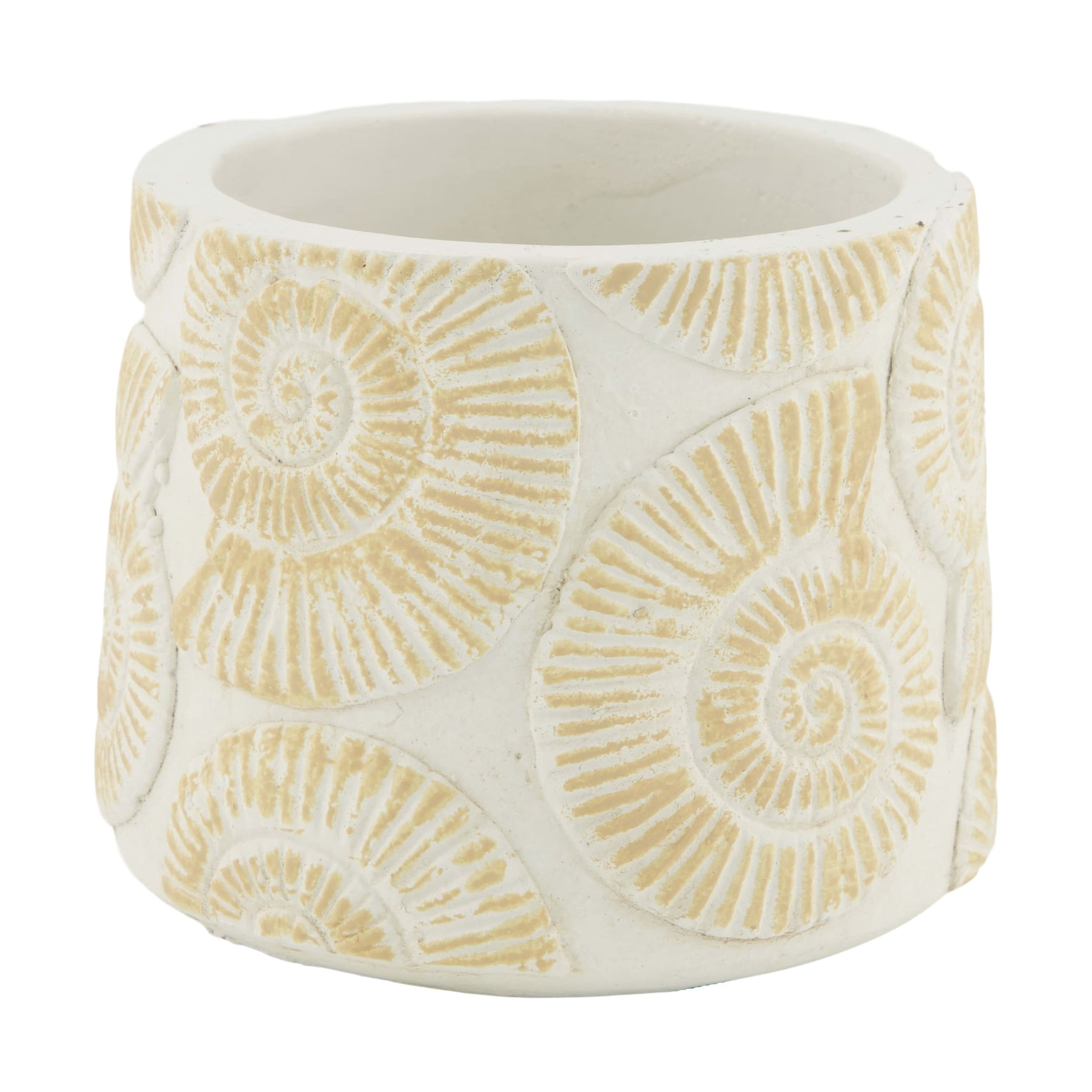 Fossiel decoratieve bloempot van crème keramiek met schelp-achtig reliëfpatroon