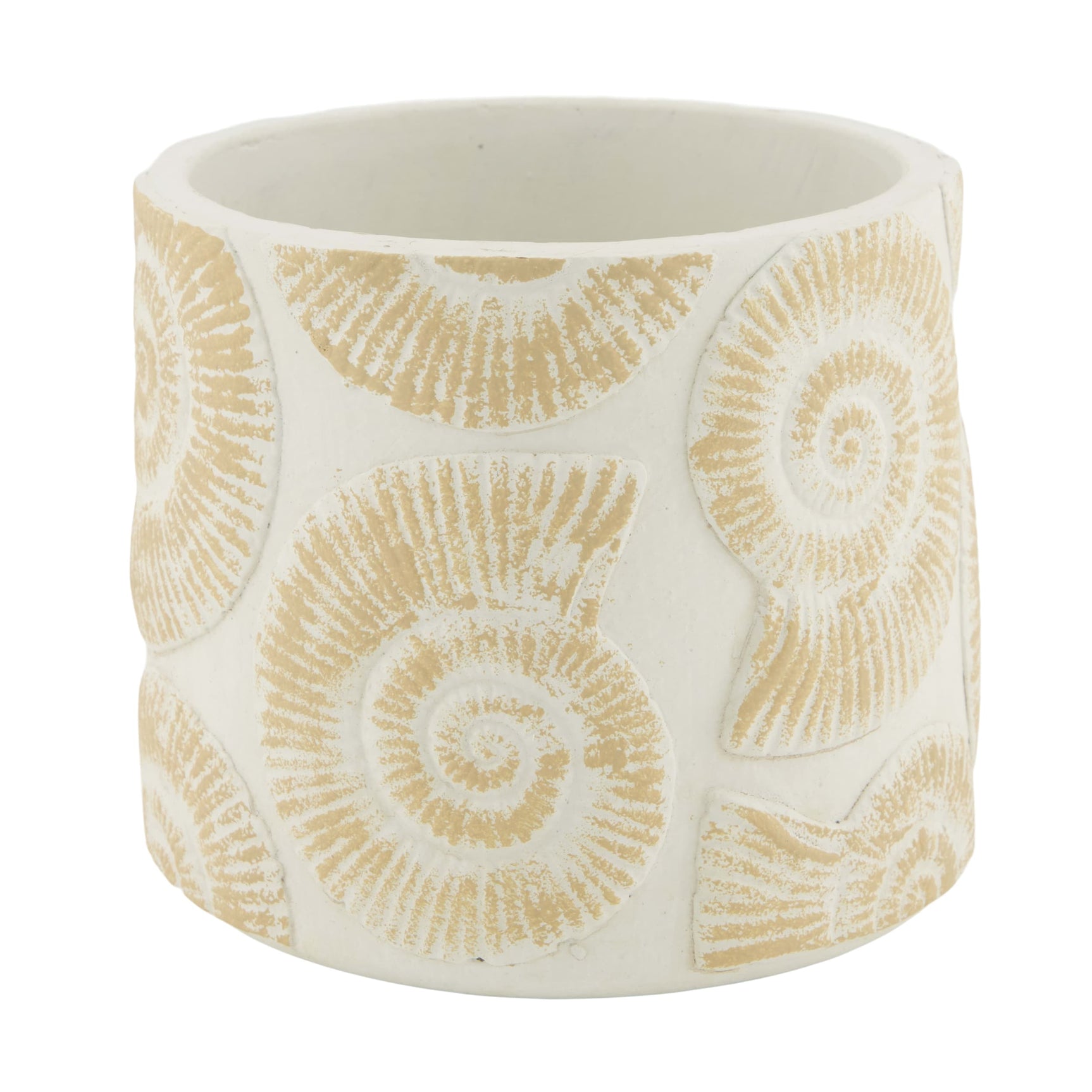 Keramische plantenpot met beige fossielspiralen en ronde vorm
