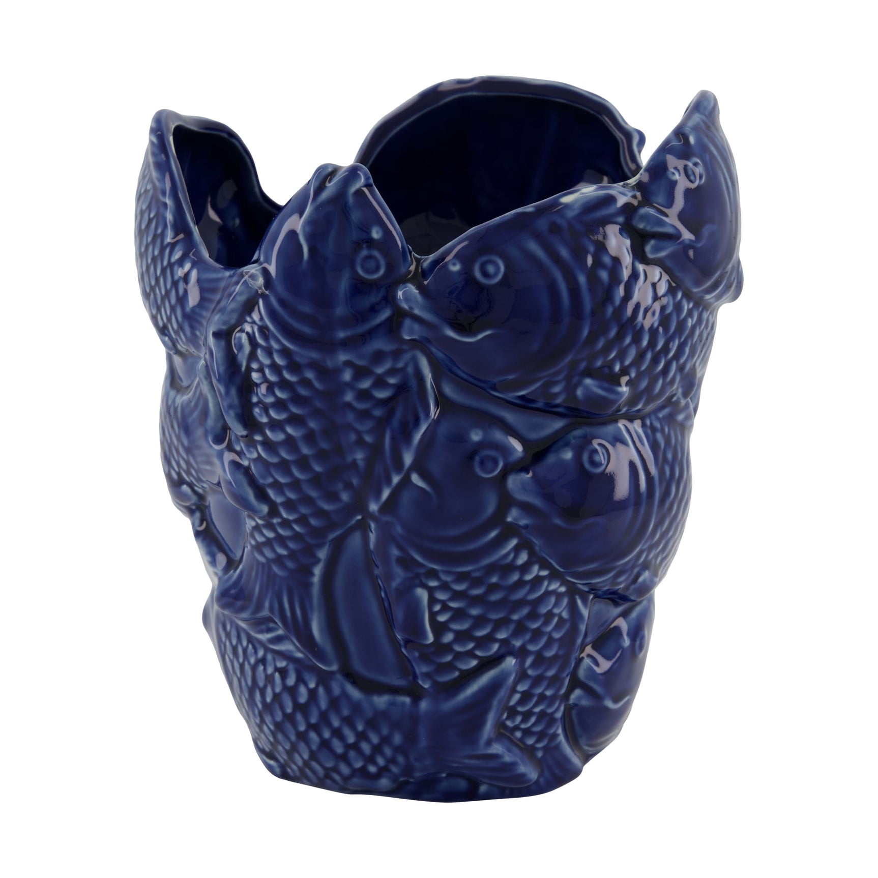 Visvormige porseleinen plantenbak, donkerblauw met reliëfvis
