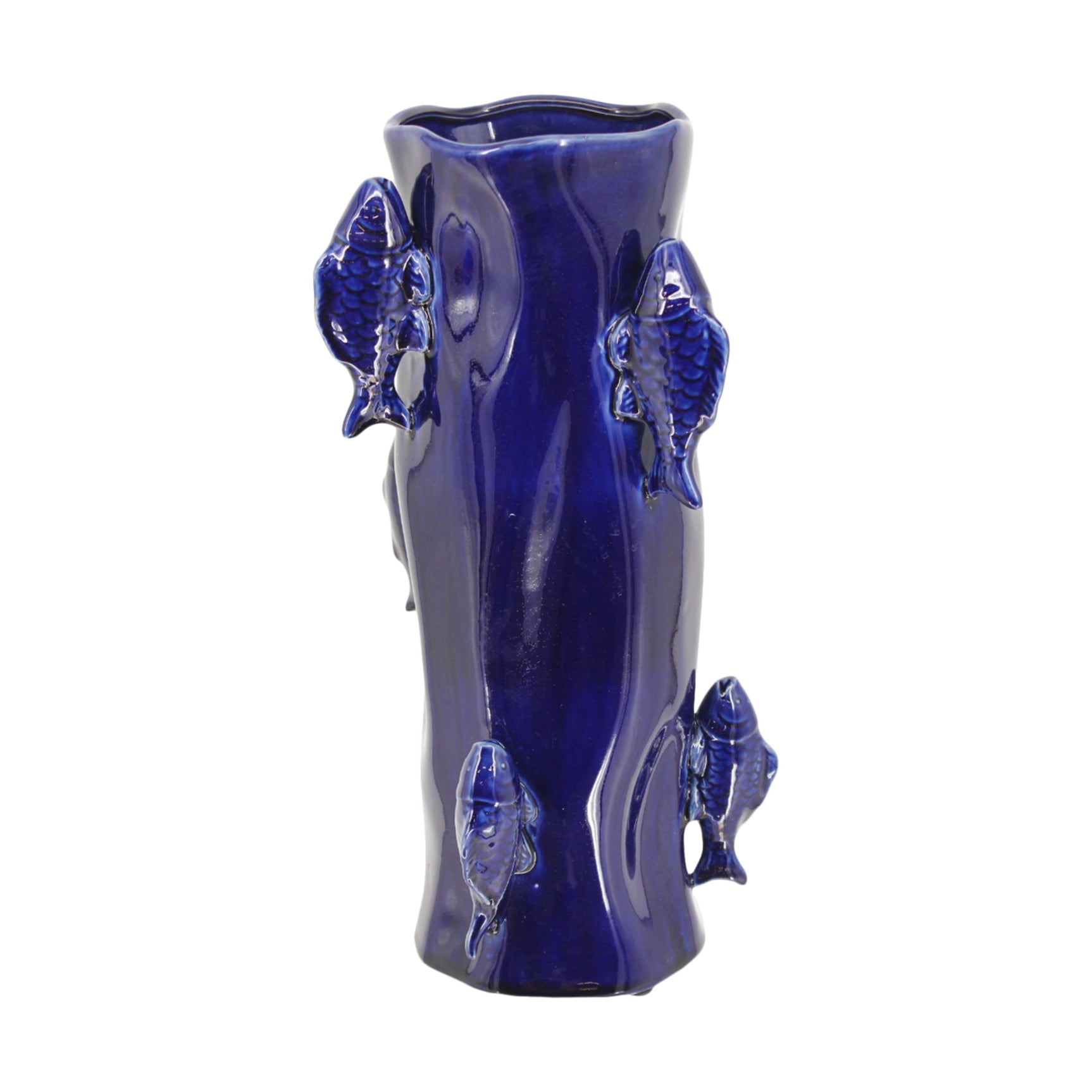 Keramische vaas met visreliëfs, donkerblauw