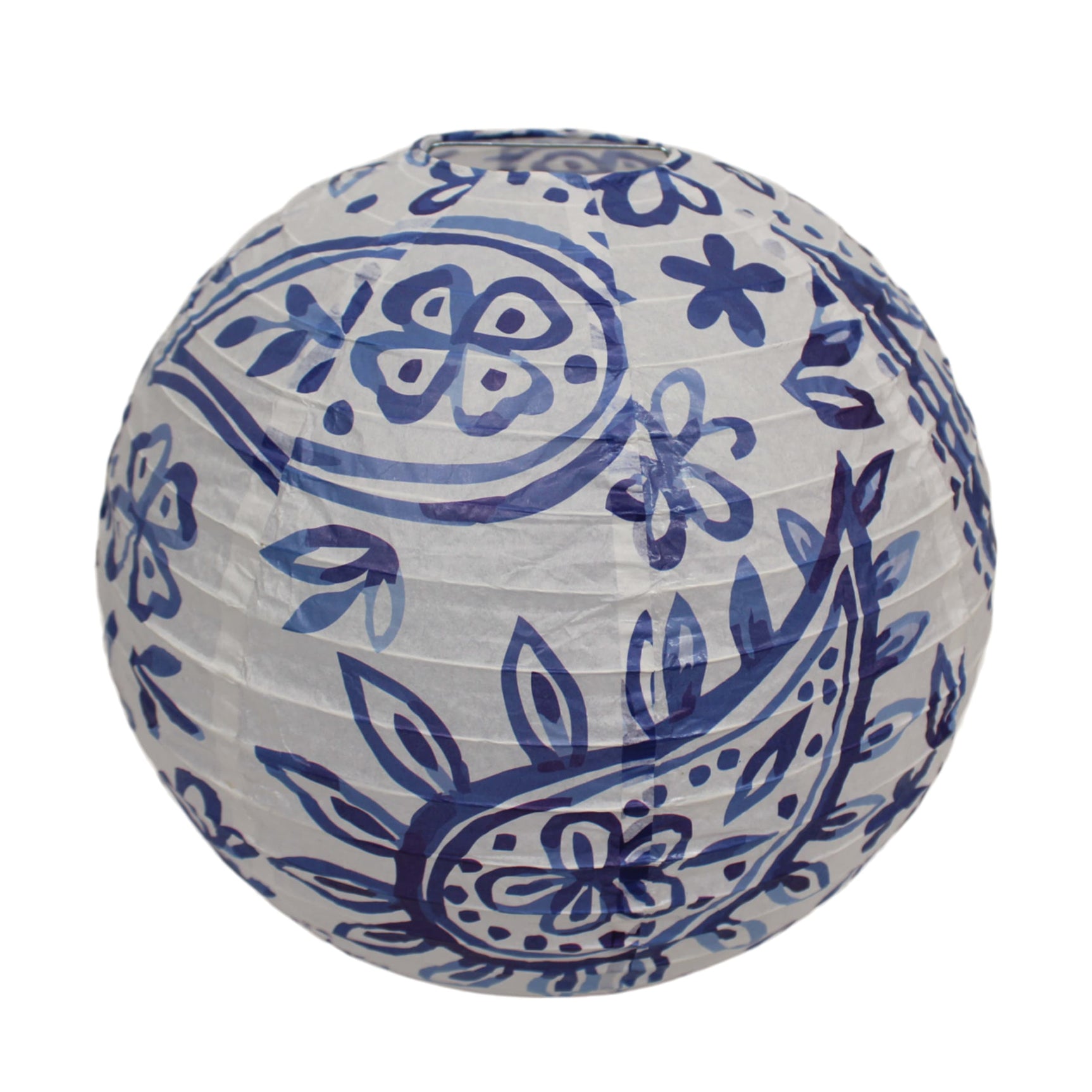 Ronde papieren lampion met blauw patroon op lichtgrijze ondergrond