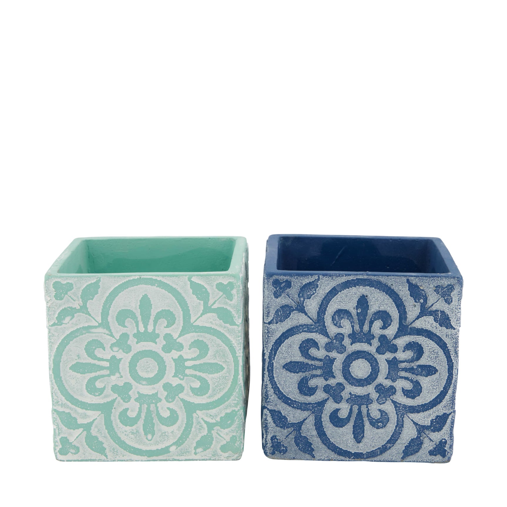 Keramieken bloempotten, twee vierkante potten met bloemornament in mint en blauw