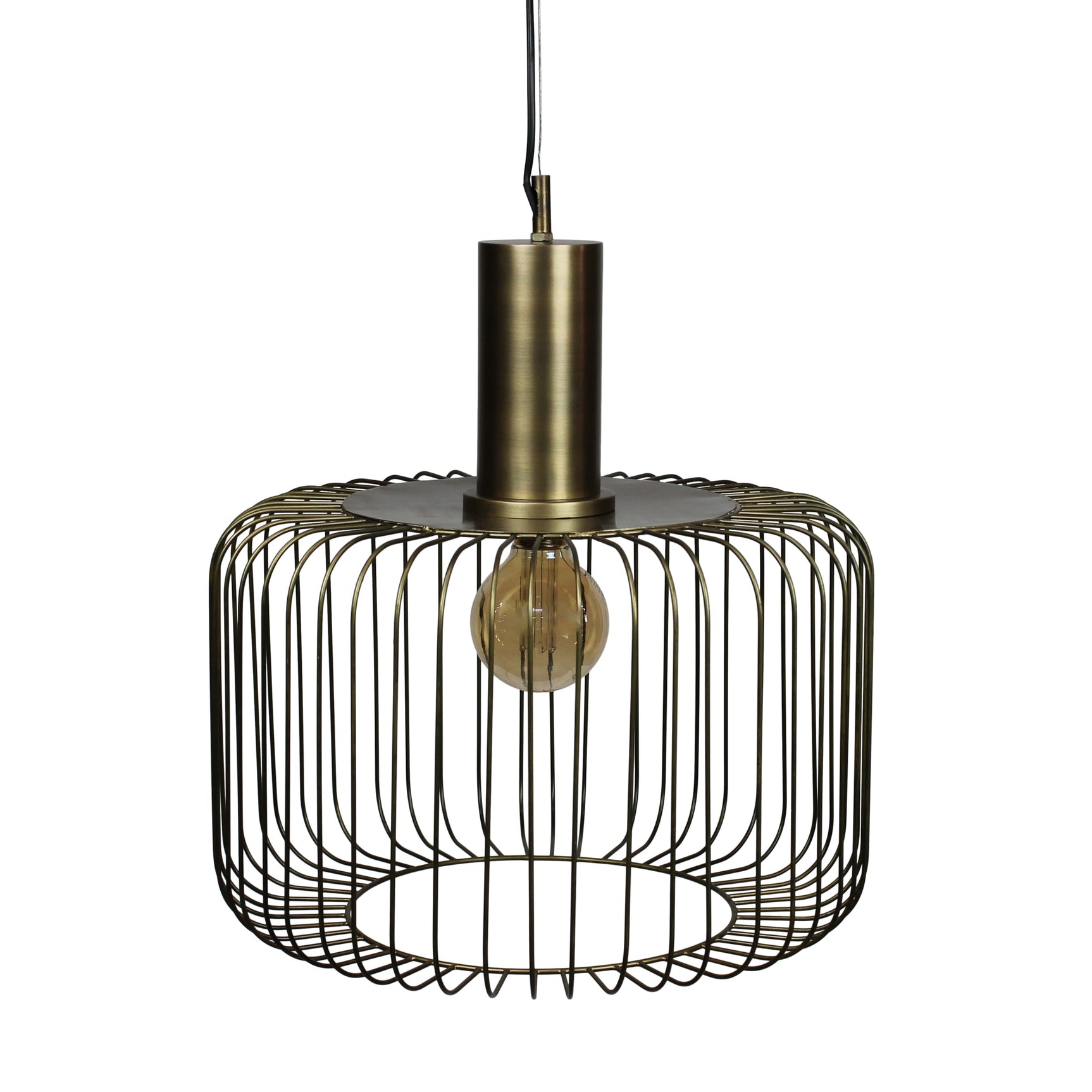 Ronde hanglamp met metalen draadkooi en glazen lampenkap, goudkleurig frame