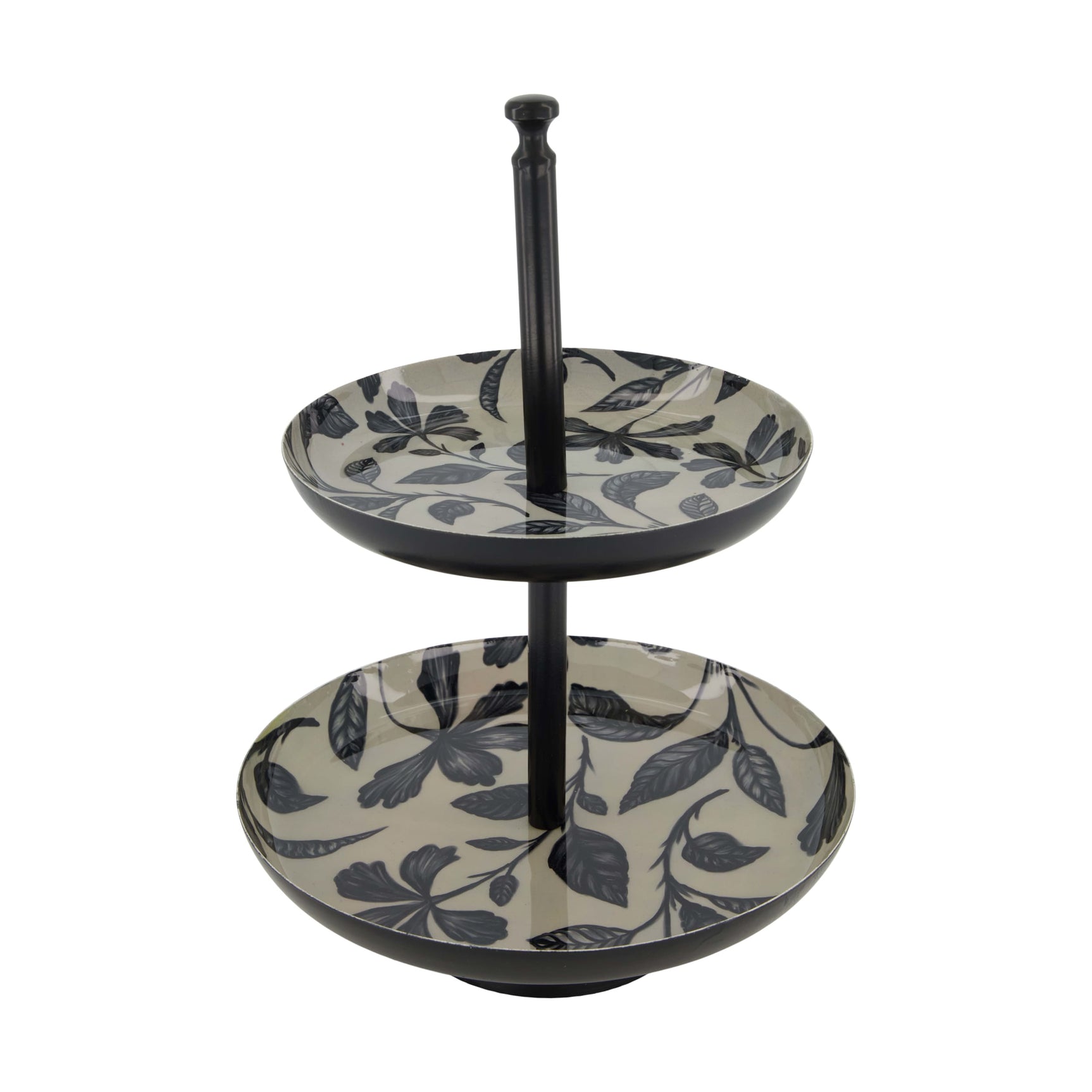 Metalen ronde etagère met tweelaagse schalen en blauwe bladprint
