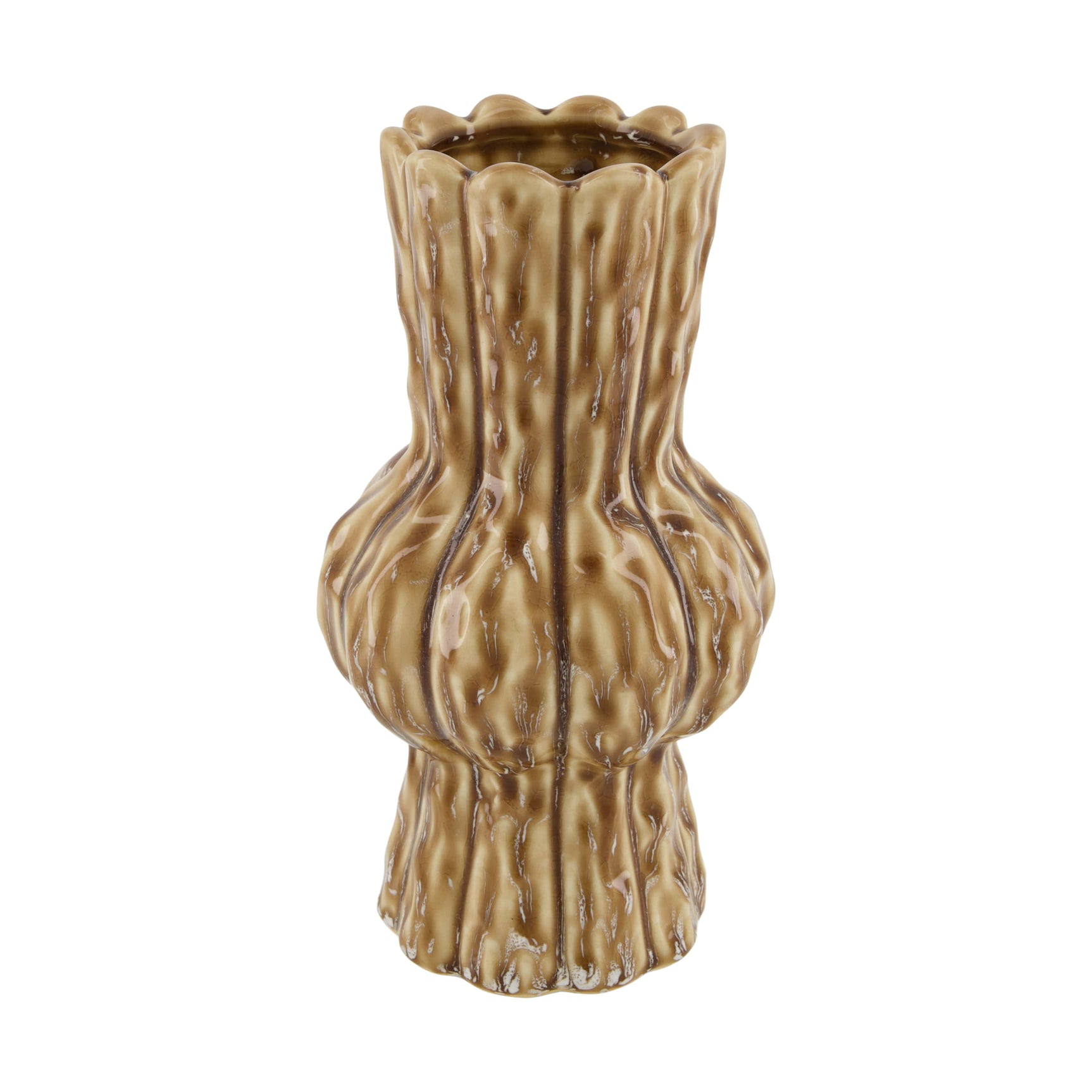 Keramieken vaas 14x14x25 cm, reliëf met golvende randen, lichtbruine glazuur.