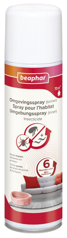 Beaphar omgevingsspray in witte spuitbus met rood etiket, anti-vlooien.