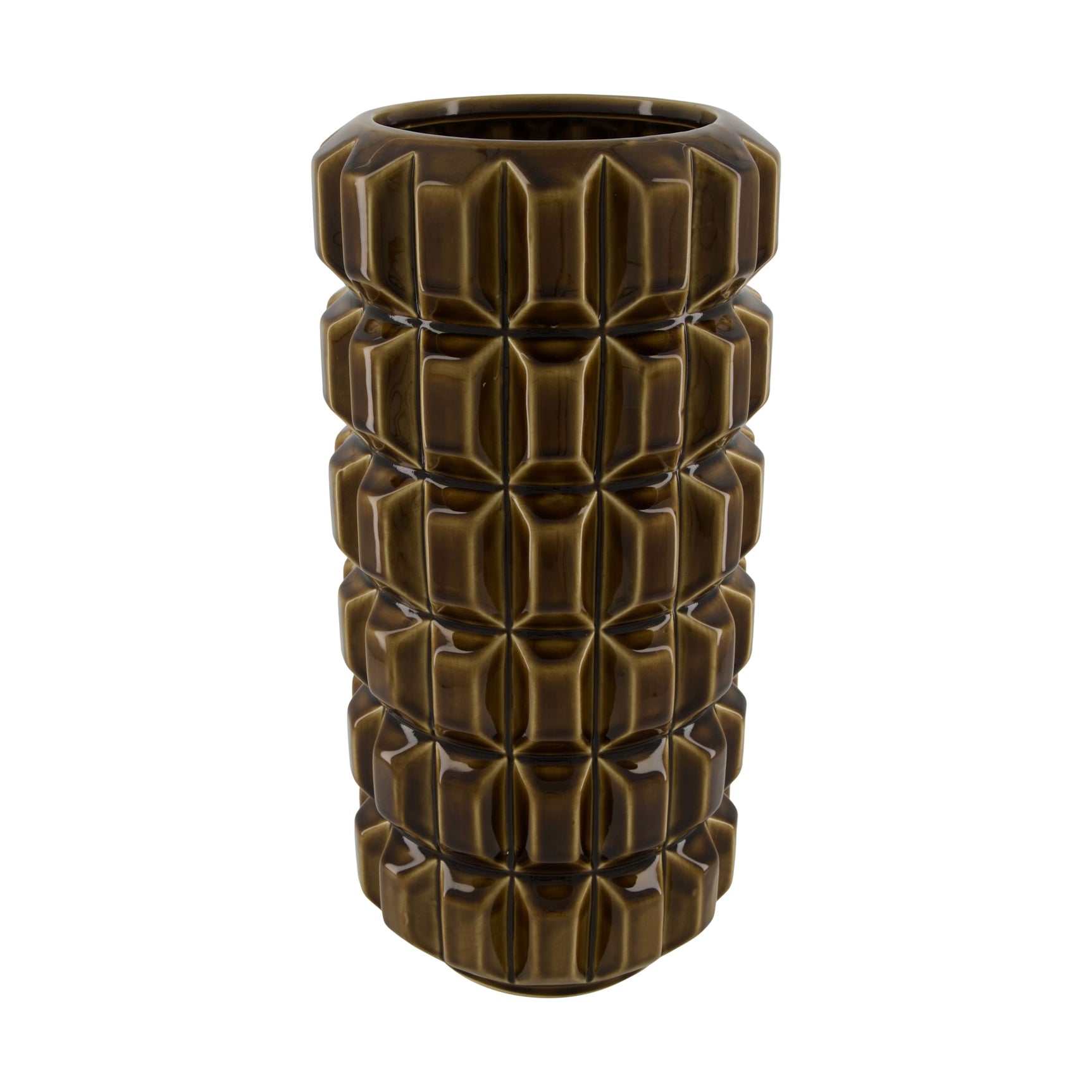 Keramische vaas met 3D-geometrische relief, donkergroenbruin, rond model