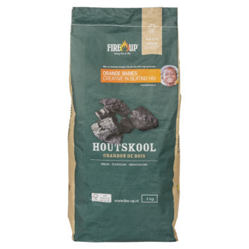 Houtskool in groene Fire-Up zak van 5 kg, met afbeelding van kolen