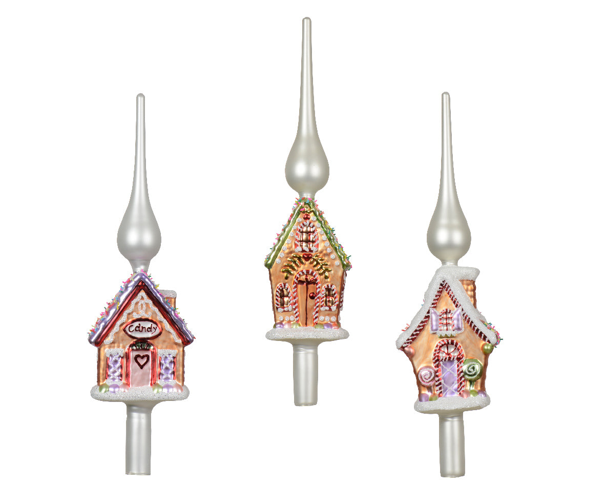 Set van 3 glazen kerstdecoraties met geschilderde huisjes, parelmoer kleurige dop.