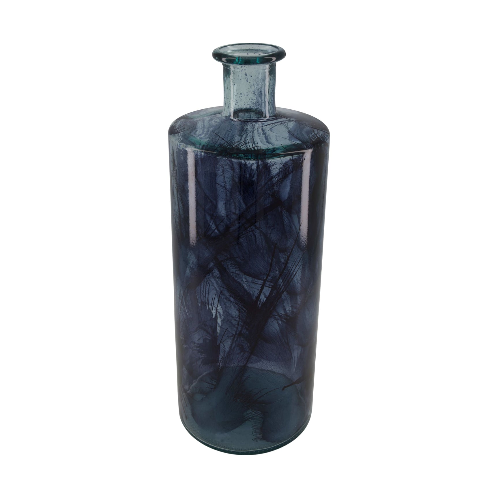 Donkerblauwe gerecyclede glazen vaas 15x15x40 cm, cilindervorm met smalle hals