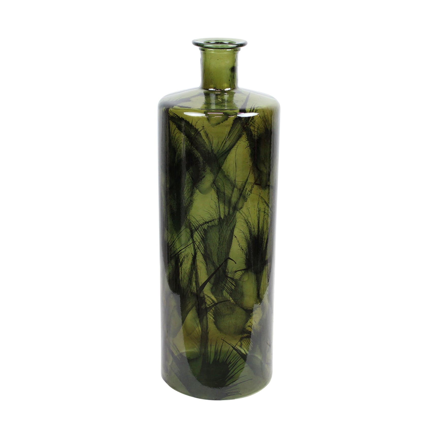 Glazen vaas van gerecycled glas, groen getint, hoge flesvorm met smalle hals.