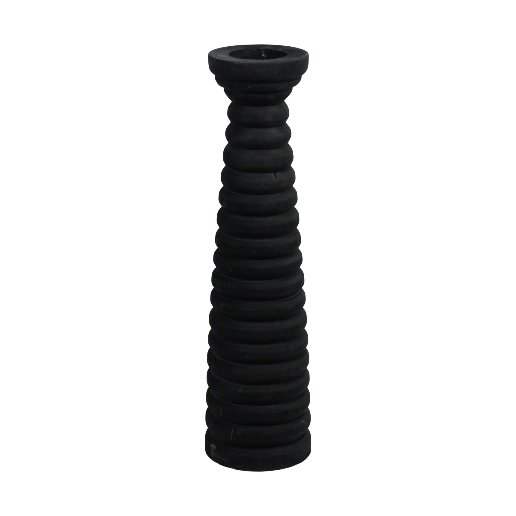 Zwarte houten kandelaarhouder met gedraaide pilaarvorm, ronde kaarsopening, 58 cm hoog