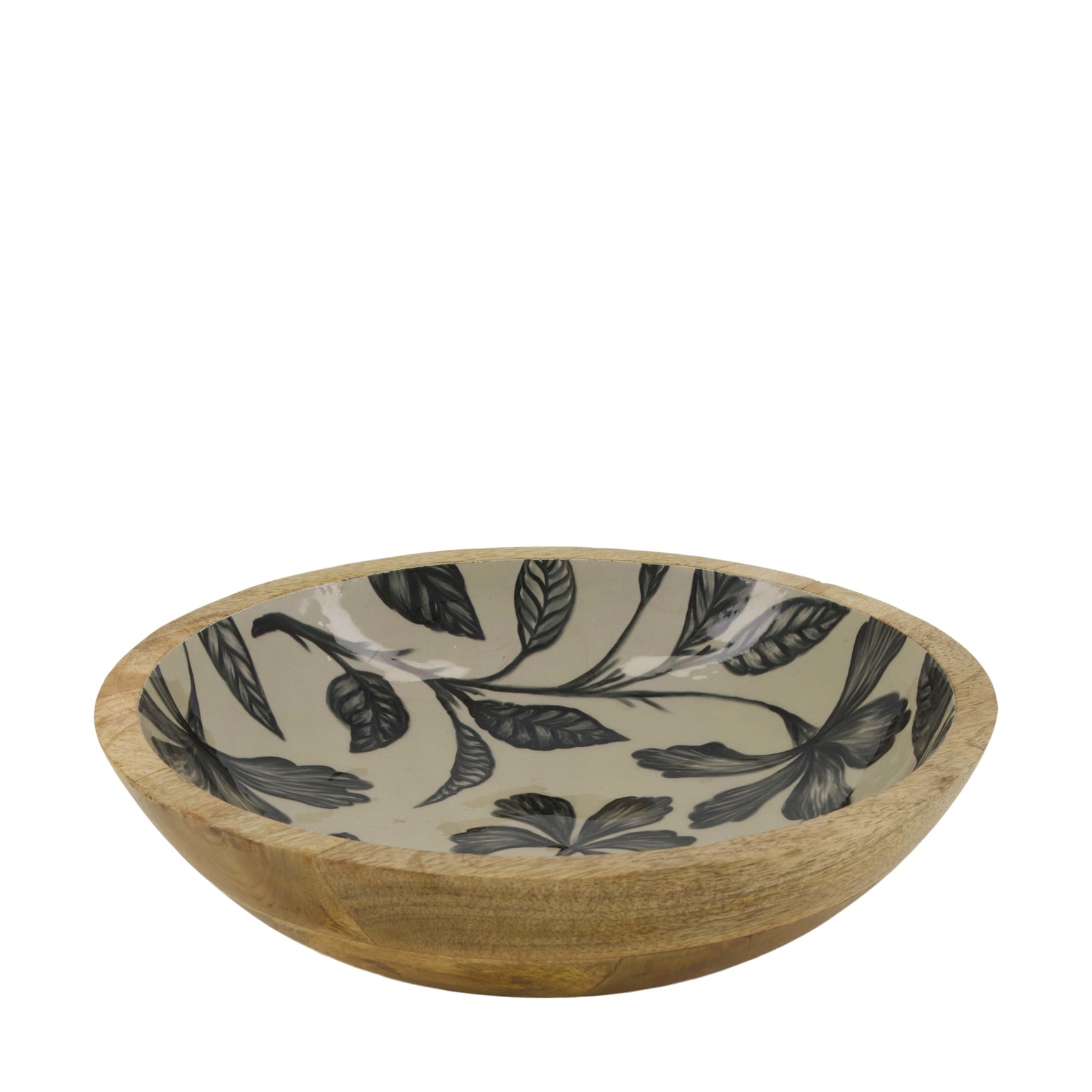 Ronde kom van mangohout met bladprint, 28x28x7 cm