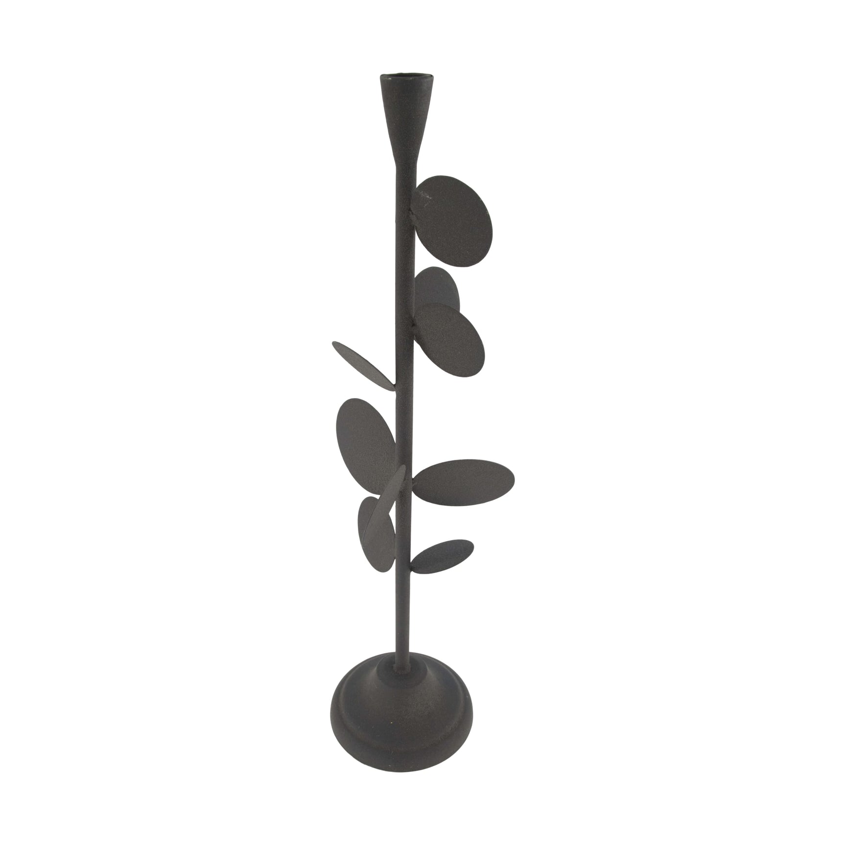 Metalen kaarsenhouder met ronde voet en driebladige tak, zwart, 18x15x58 cm