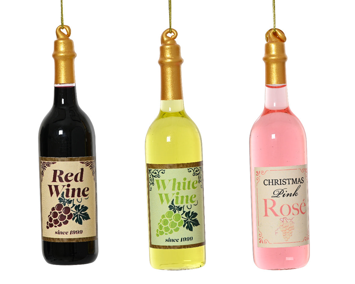 Mini wijnflesjes van glas, 3 assorti: donkerrood, geel en roze met gouden dop