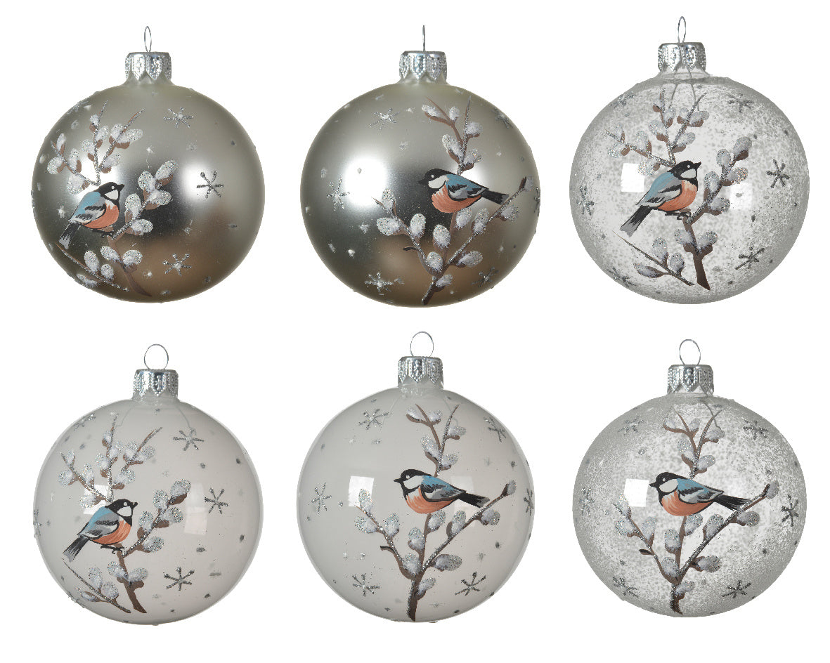 Kerstbal glas transparent/matt/transparent shiny bird 6ass