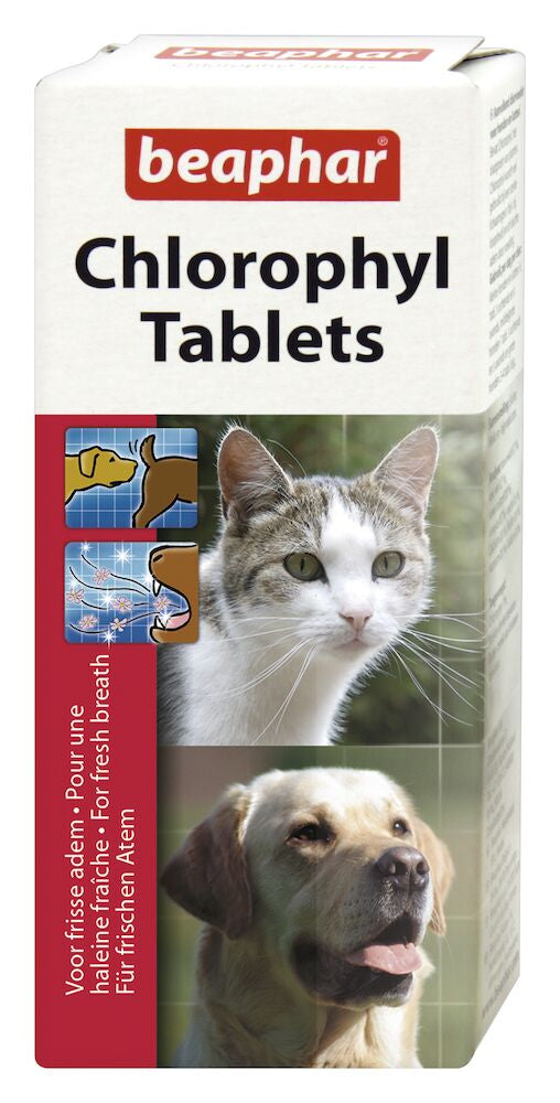 Beaphar Chlorophyl-tabletten doos met afbeelding van kat en hond