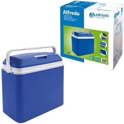 Elektrische koelbox met blauw deksel en handgreep