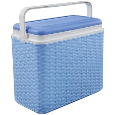Koelbox met rieten vlechtwerk in blauw, wit deksel en draaggreep