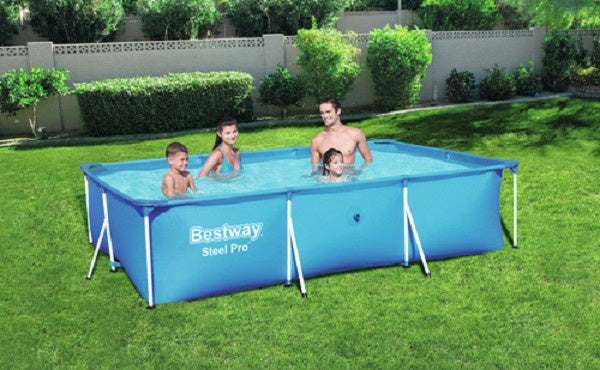 Bestway Steel Pro opzetzwembad blauw rechthoekig met metalen poten, gevuld met water