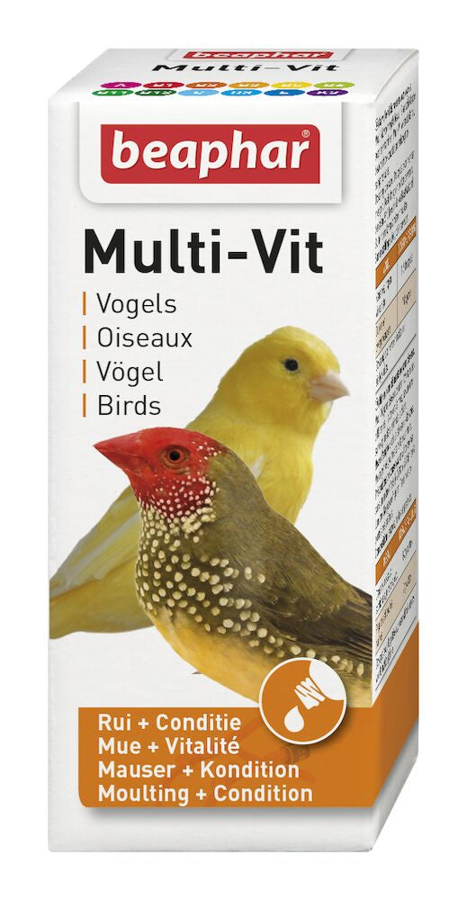 Beaphar Multi-Vit vogelvoer supplement, doos met rood en gele vogels, 20 ml